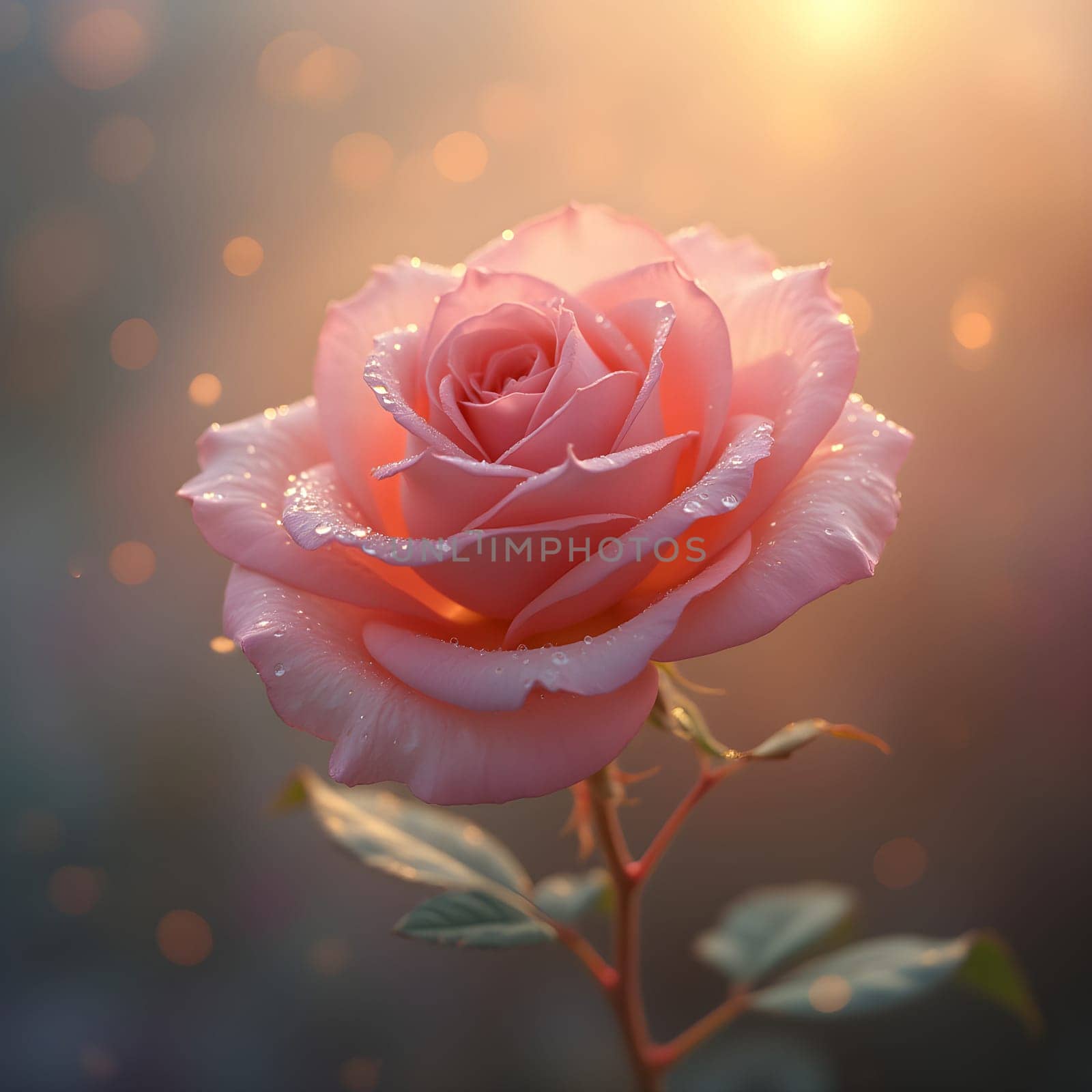 A fully bloomed rose glistens with morning dew, bathed in soft pastel light, creating an ethereal, dreamy, and serene atmosphere.