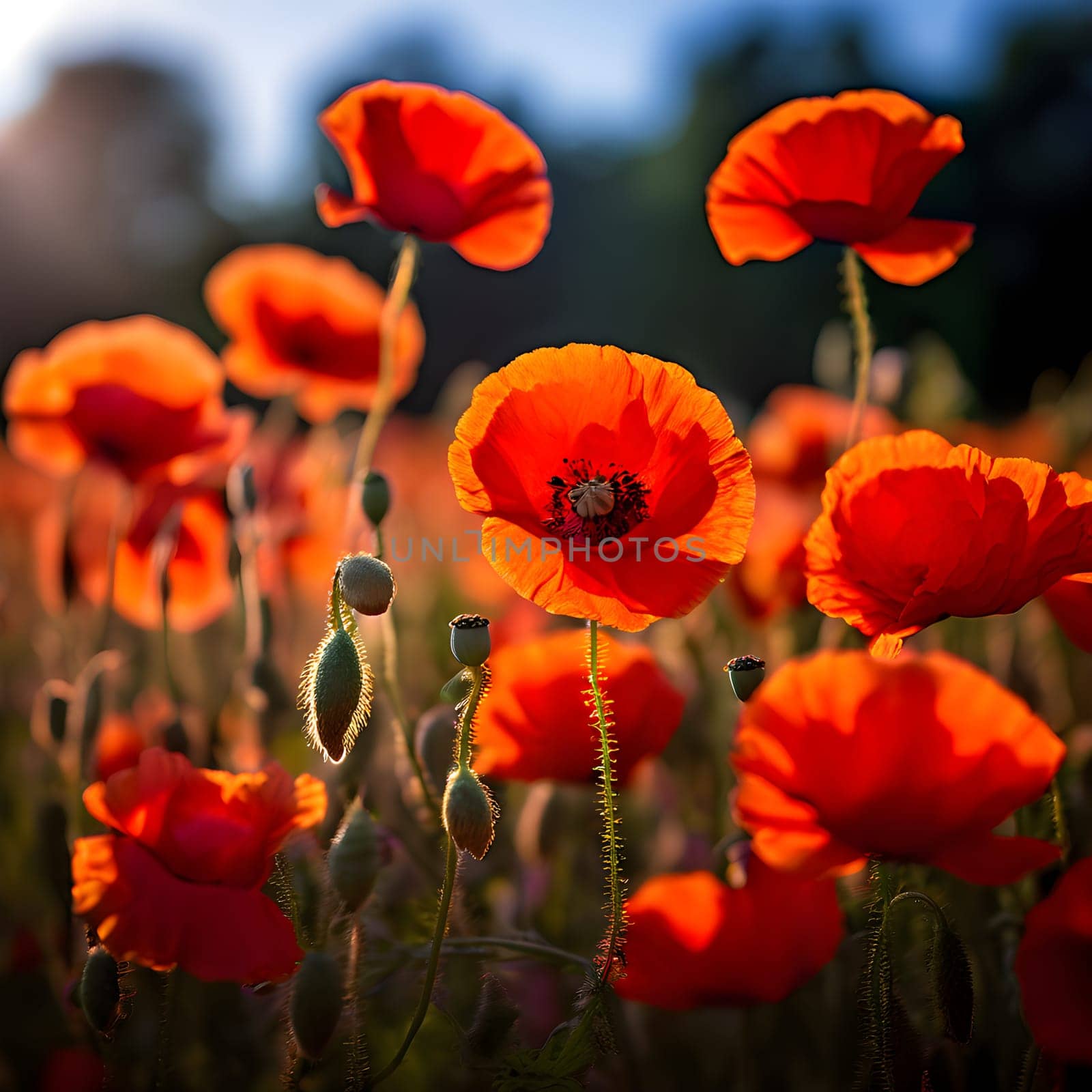 A tranquil field of vibrant red poppies, their vivid hues softened by shallow depth of field and bathed in golden light.