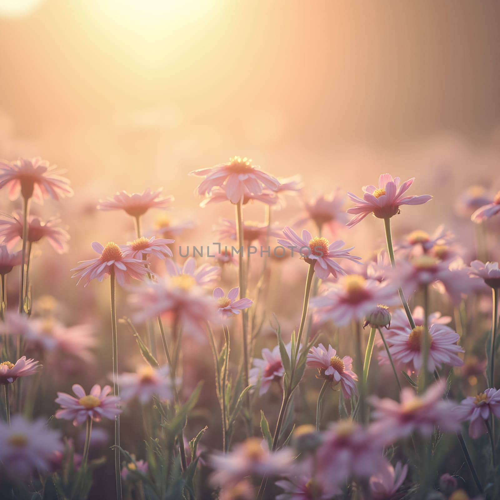 A field of delicate blooming flowers glows softly in pastel hues, bathed in the warm, gentle light of morning.