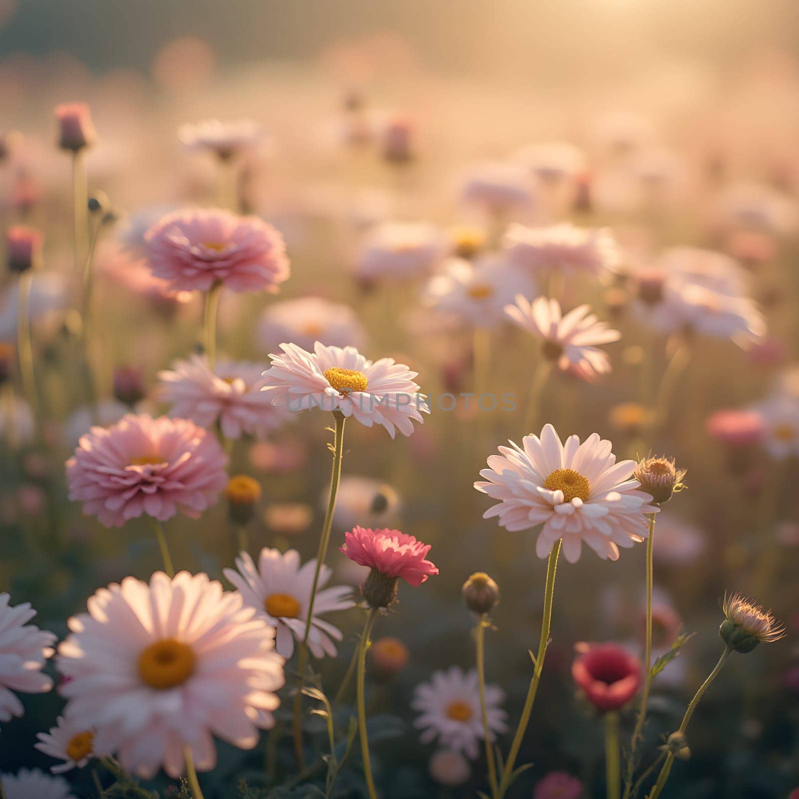 A field of delicate blooming flowers glows softly in pastel hues, bathed in the warm, gentle light of morning.