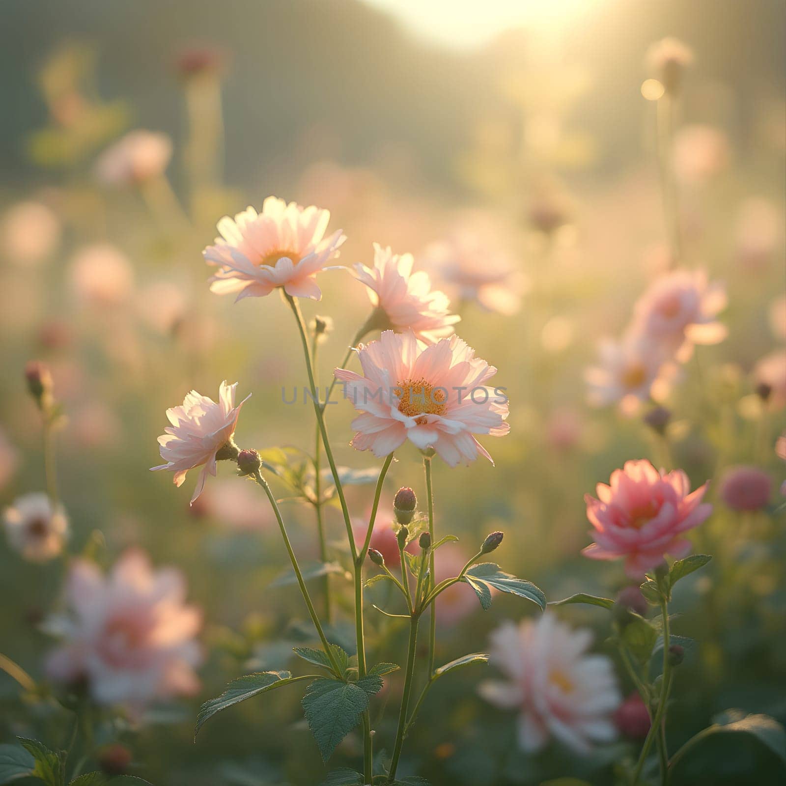 A field of delicate blooming flowers glows softly in pastel hues, bathed in the warm, gentle light of morning.