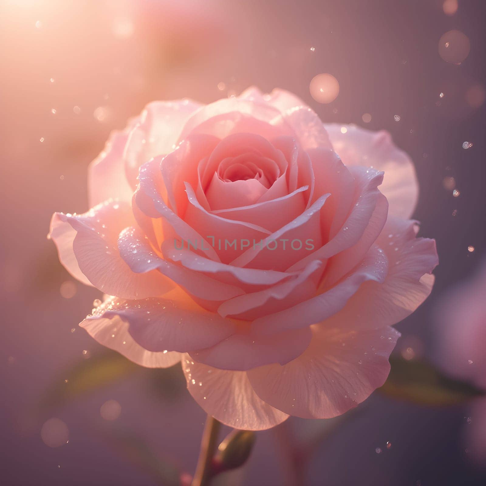 A fully bloomed rose glistens with morning dew, bathed in soft pastel light, creating an ethereal, dreamy, and serene atmosphere.