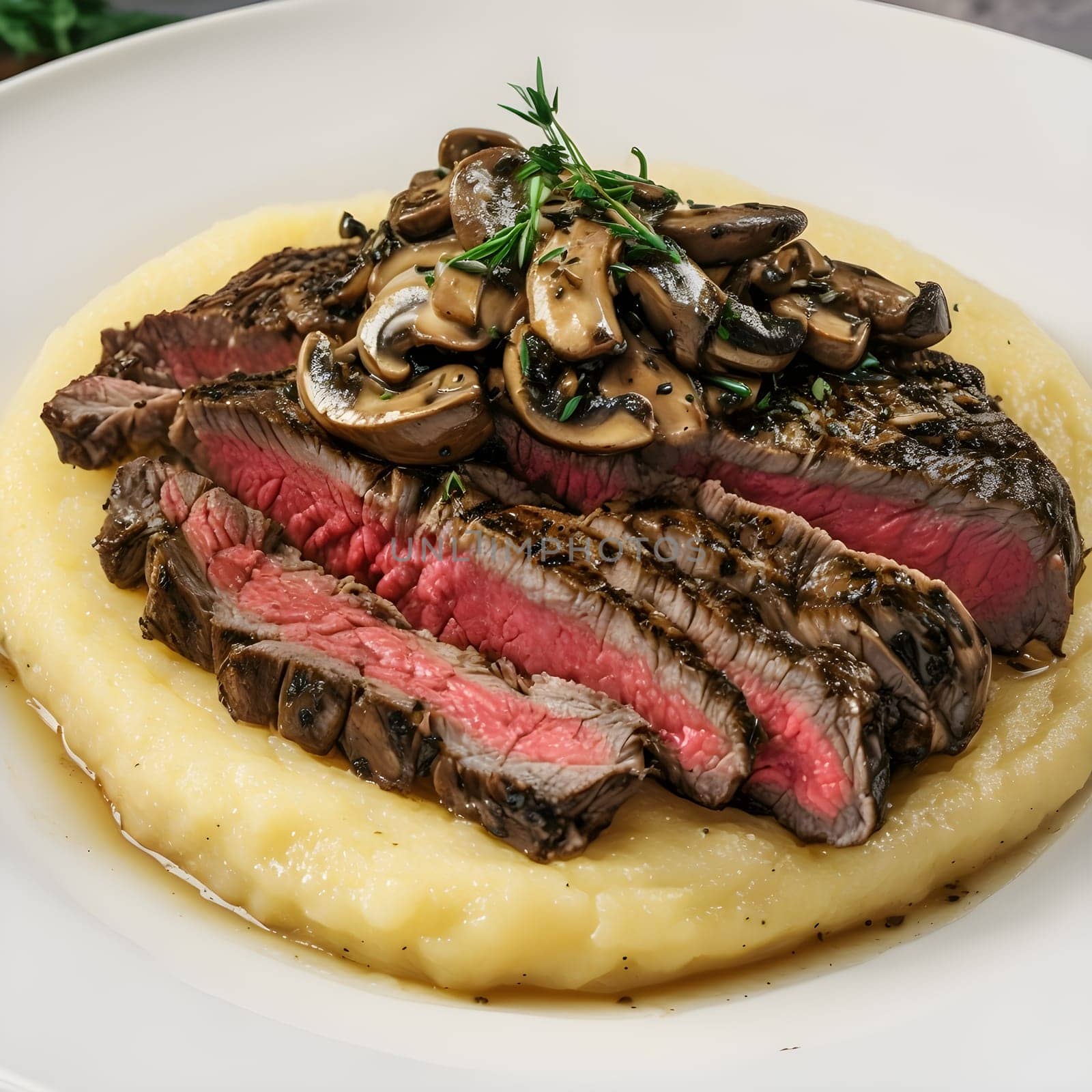 Sliced Steak on Creamy Polenta with Sautéed Mushroom Garnish: A Culinary Delight