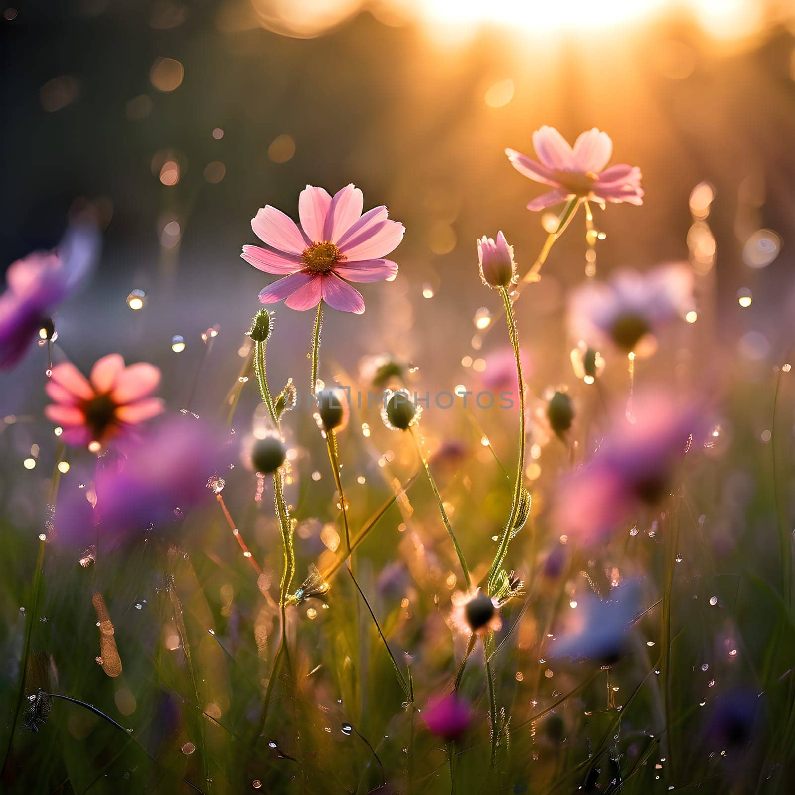 A field of delicate blooming flowers glows softly in pastel hues, bathed in the warm, gentle light of morning.