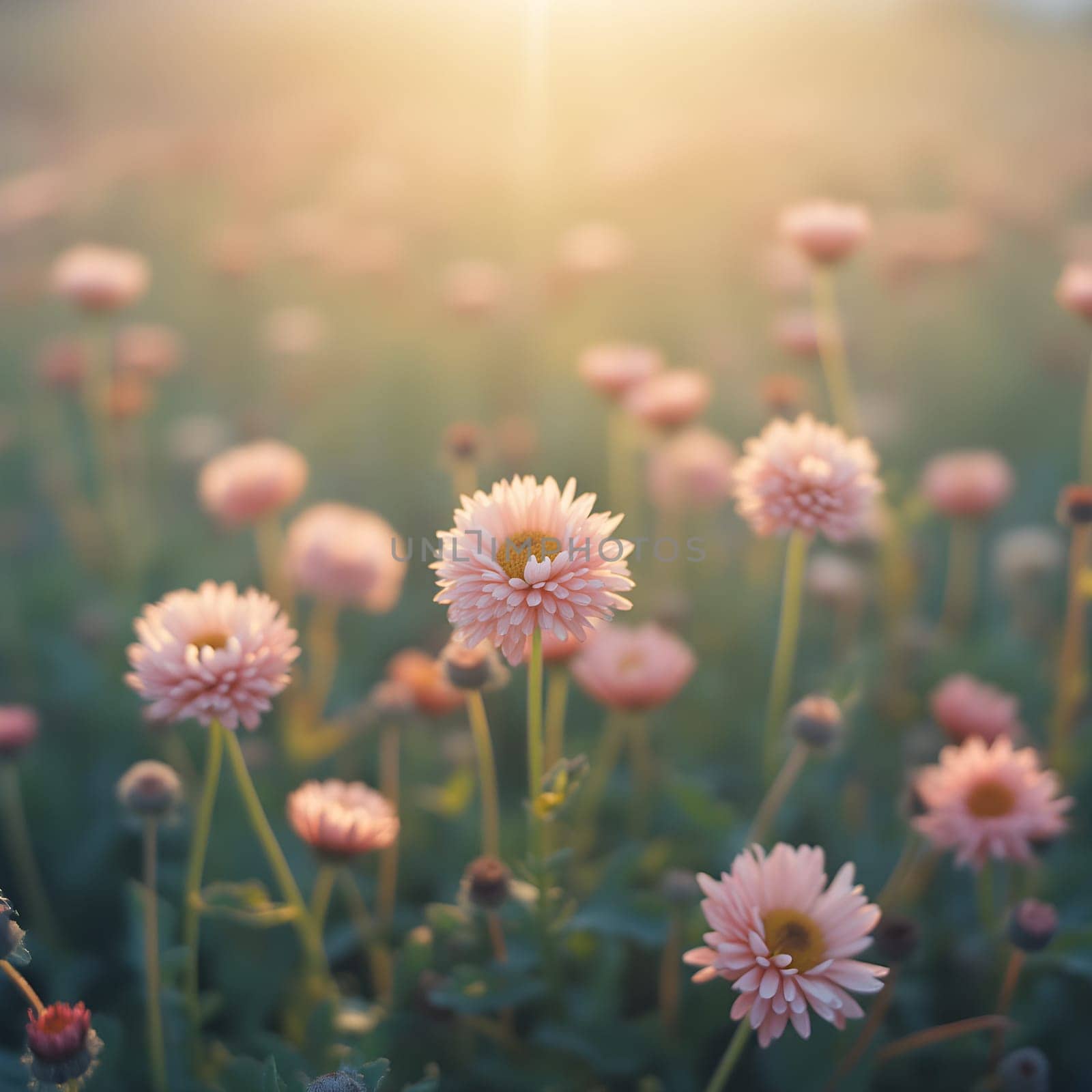 A field of delicate blooming flowers glows softly in pastel hues, bathed in the warm, gentle light of morning.