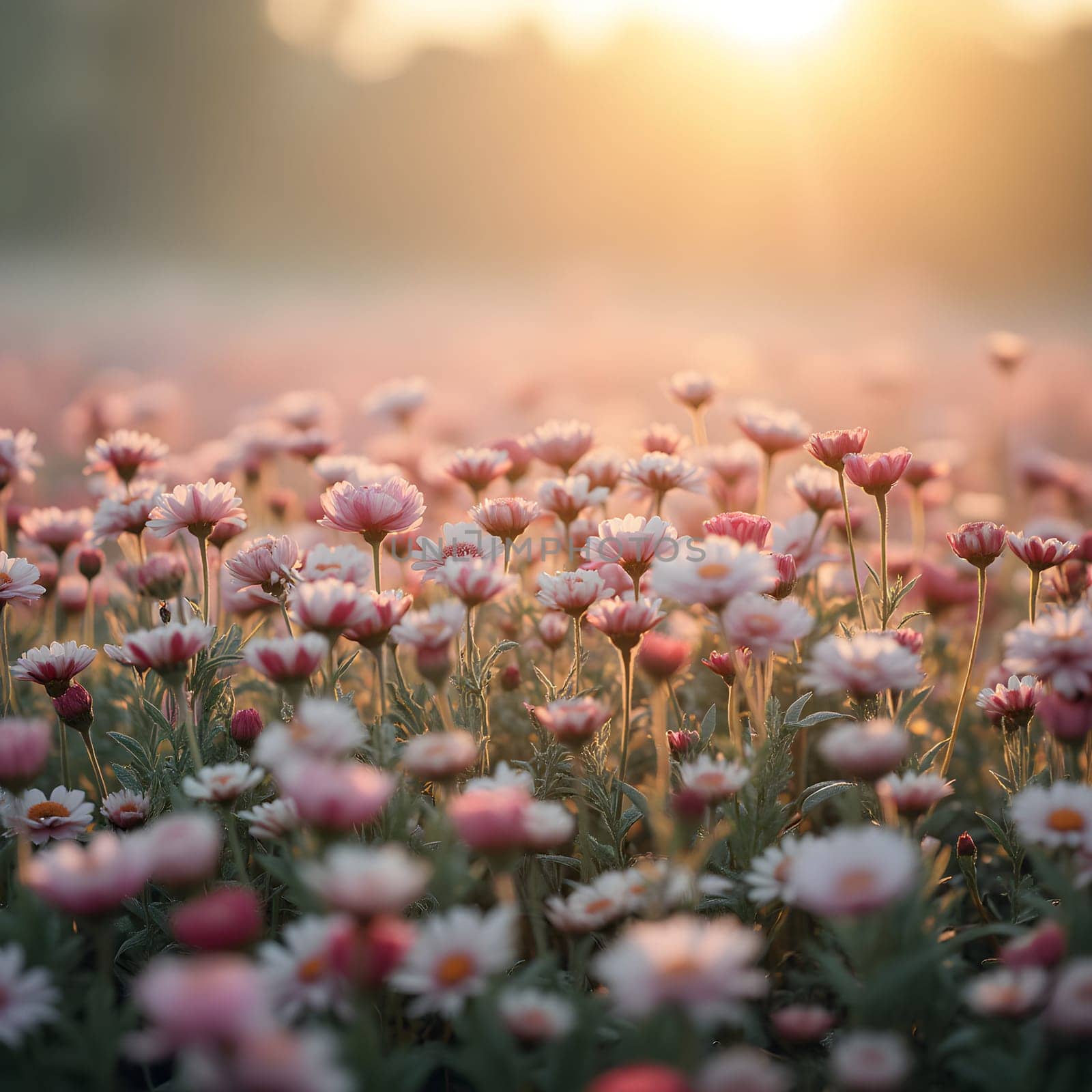 A field of delicate blooming flowers glows softly in pastel hues, bathed in the warm, gentle light of morning.