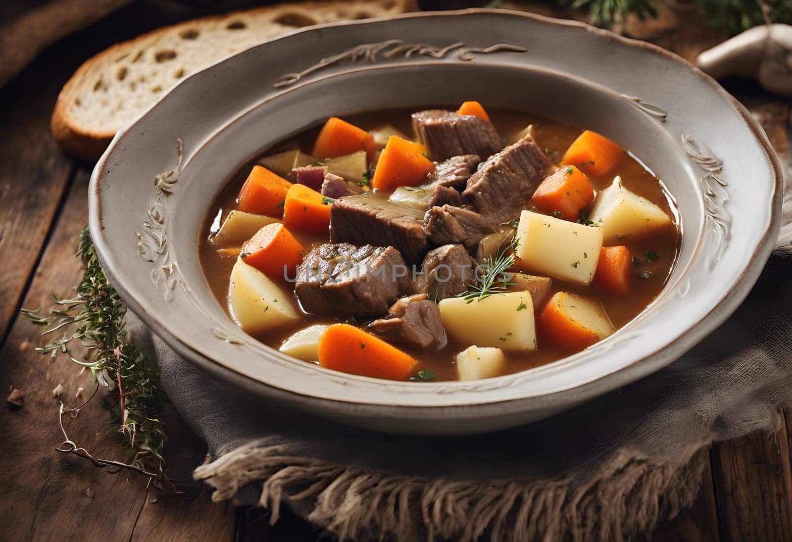 Hearty Beef Stew with Root Vegetables and Fresh Bread in a Warm Cabin Atmosphere