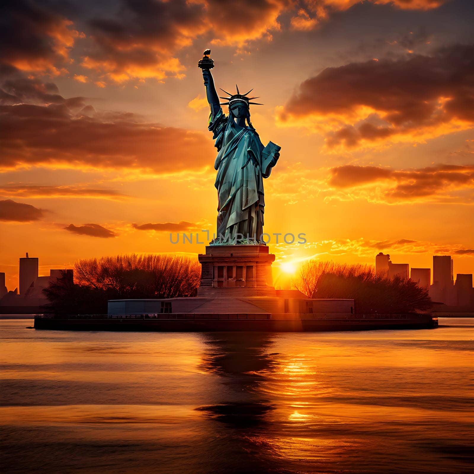 The Statue of Liberty, bathed in warm golden sunrise hues, symbolizes hope and freedom, welcoming a peaceful new year.