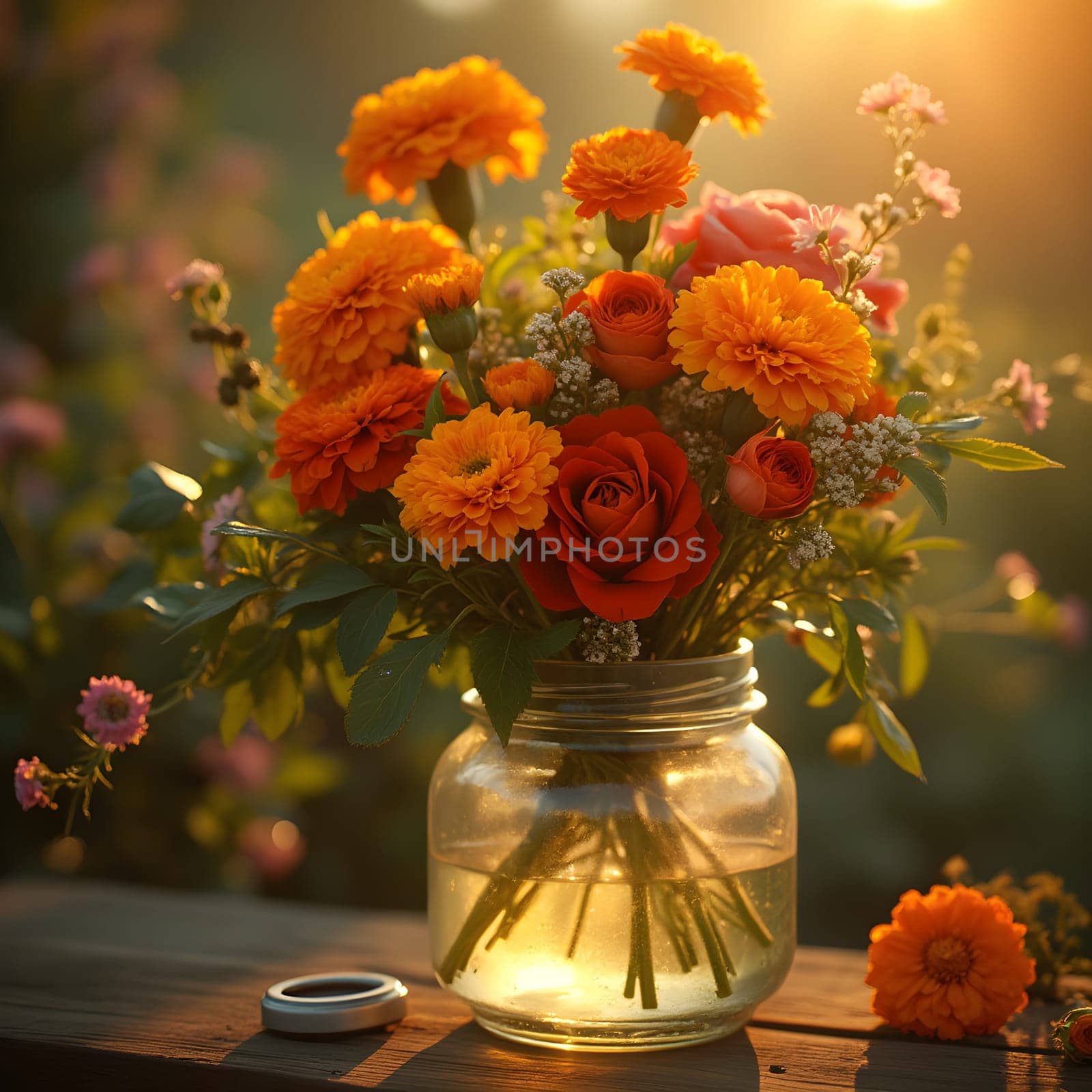 A vibrant mix of marigolds and roses in a vintage glass jar, glowing warmly under golden hour lighting with a dreamy background.