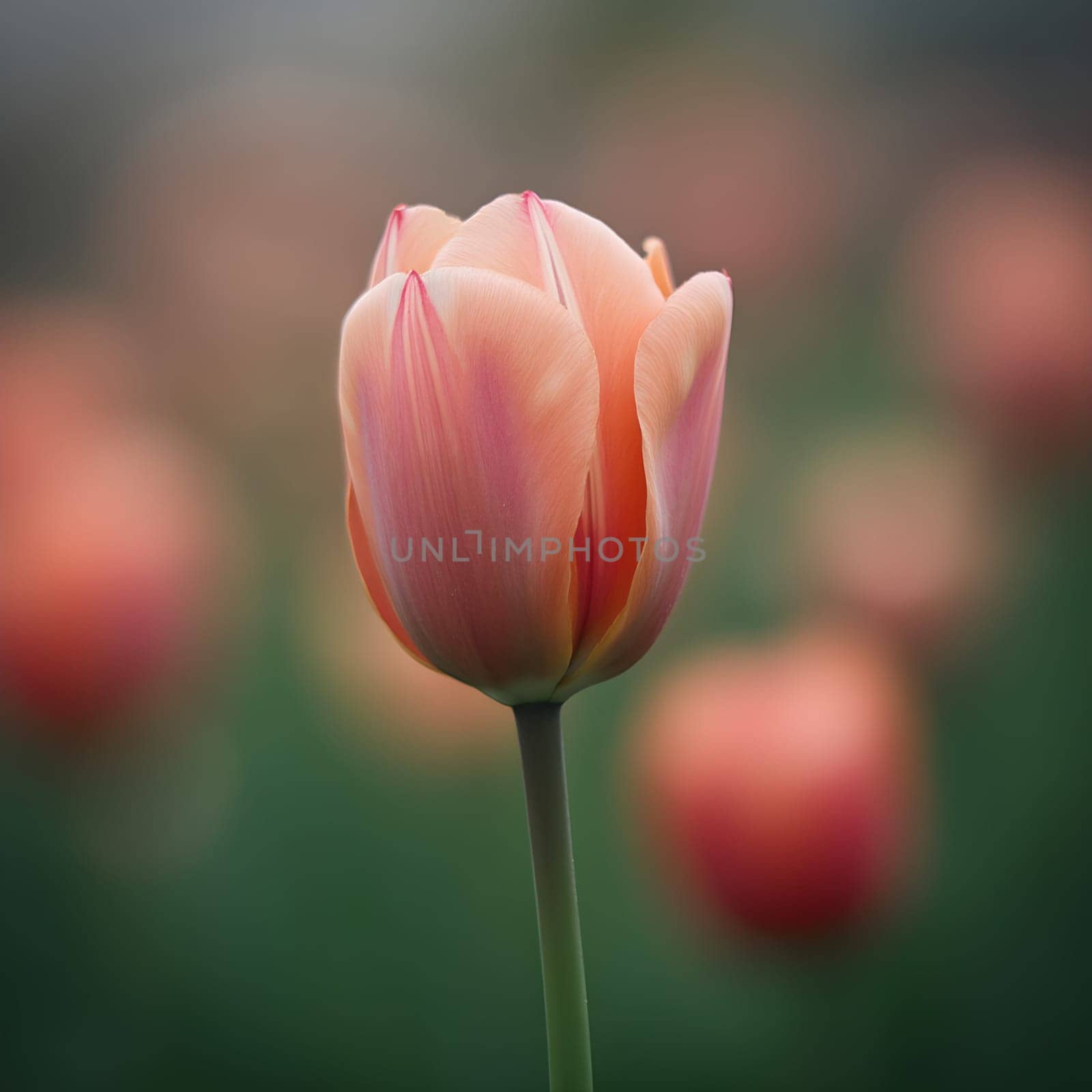A tulip captured in soft focus, surrounded by a dreamy background of blended pink and orange tones, evoking warmth and serenity.