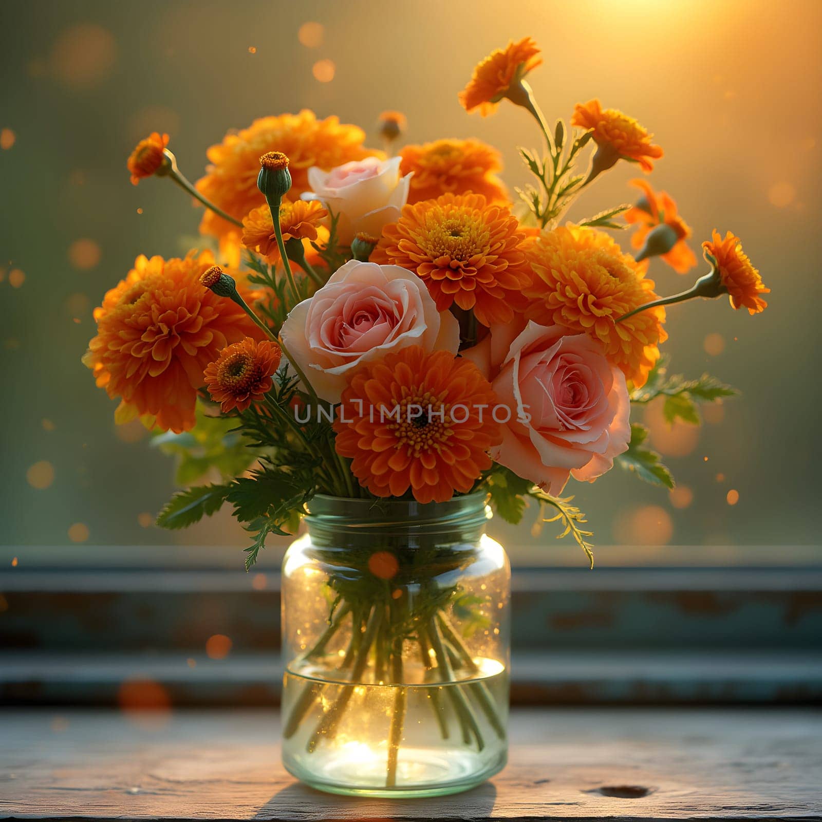 A vibrant mix of marigolds and roses in a vintage glass jar, glowing warmly under golden hour lighting with a dreamy background.