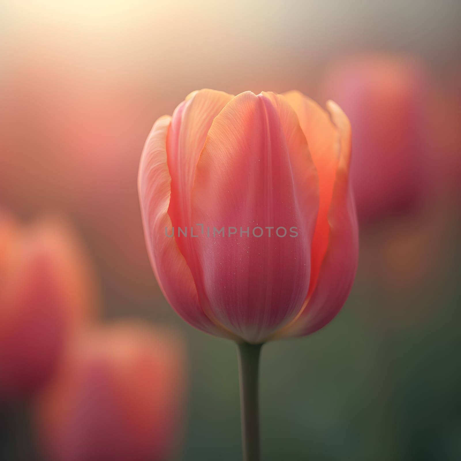 A tulip captured in soft focus, surrounded by a dreamy background of blended pink and orange tones, evoking warmth and serenity.