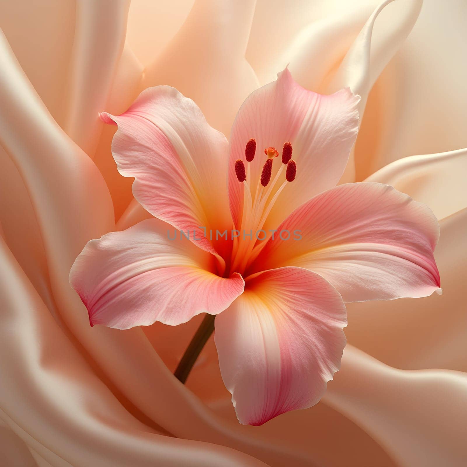 A vibrant tuberose stands out against a flowing silk backdrop, softly blurred with gentle creamy tones creating a serene ambiance.
