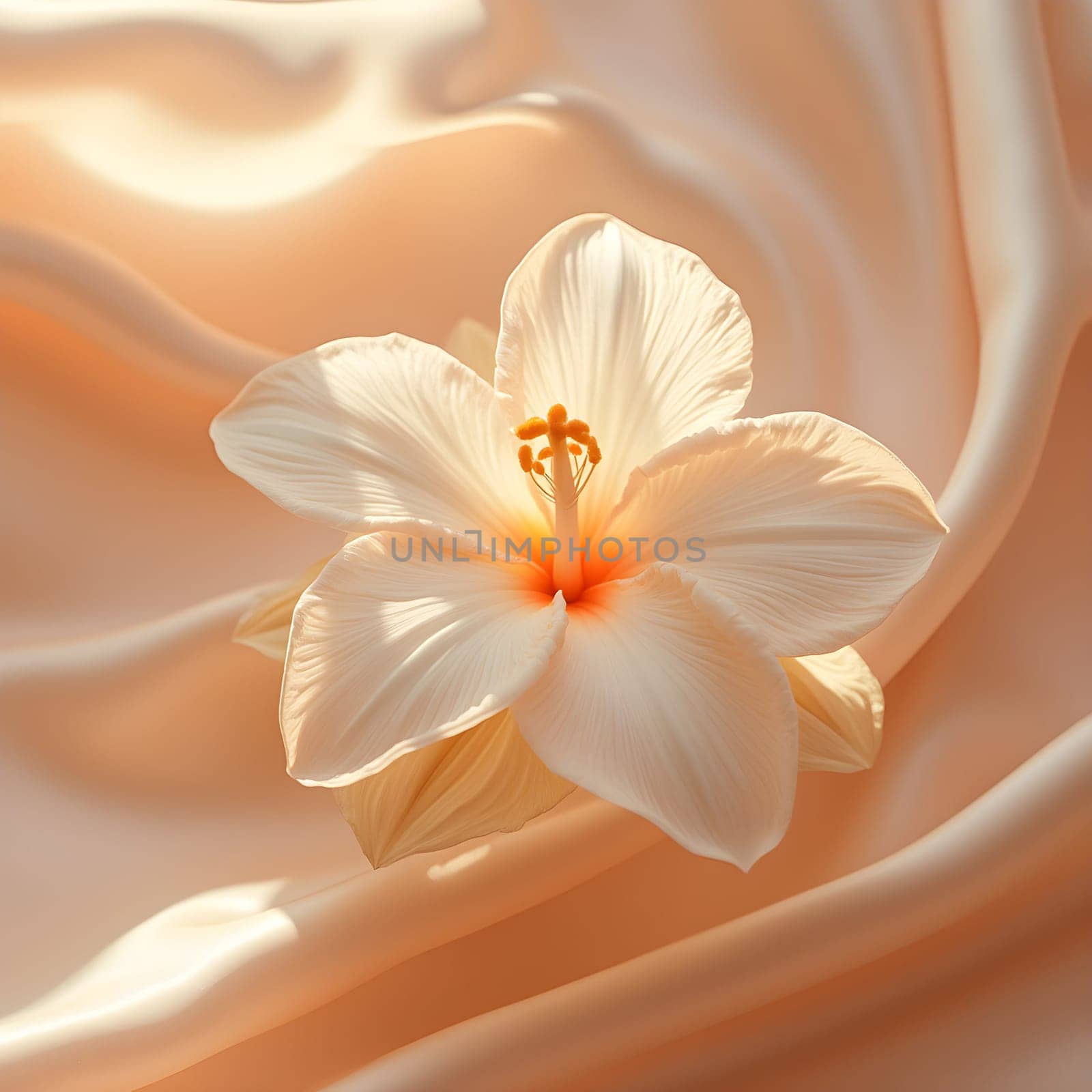 A vibrant tuberose stands out against a flowing silk backdrop, softly blurred with gentle creamy tones creating a serene ambiance.