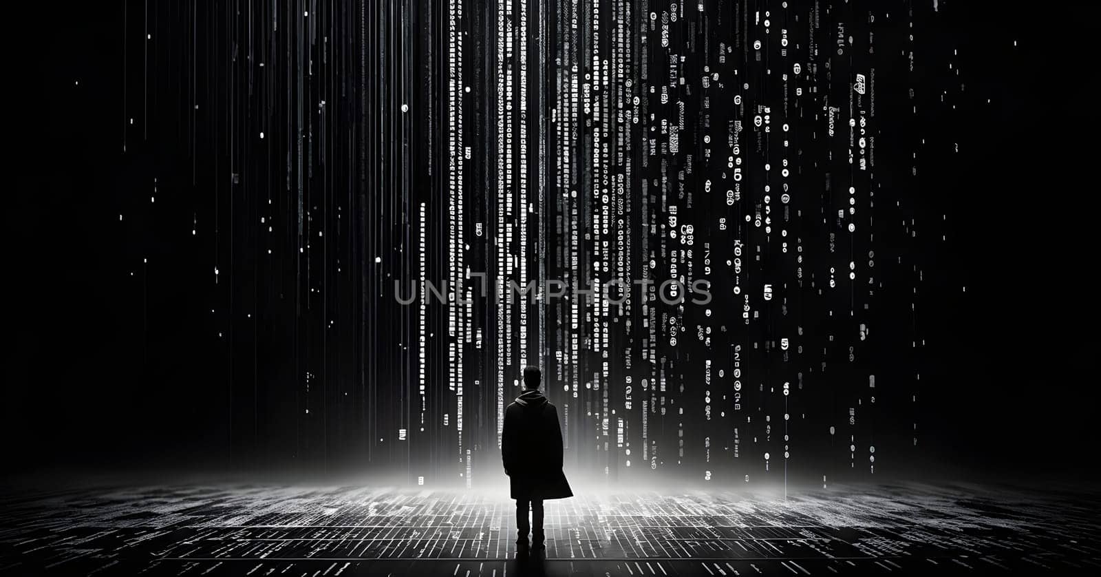 abstract animation of binary code cascading down like digital rain, representing data insights in monochromatic hues