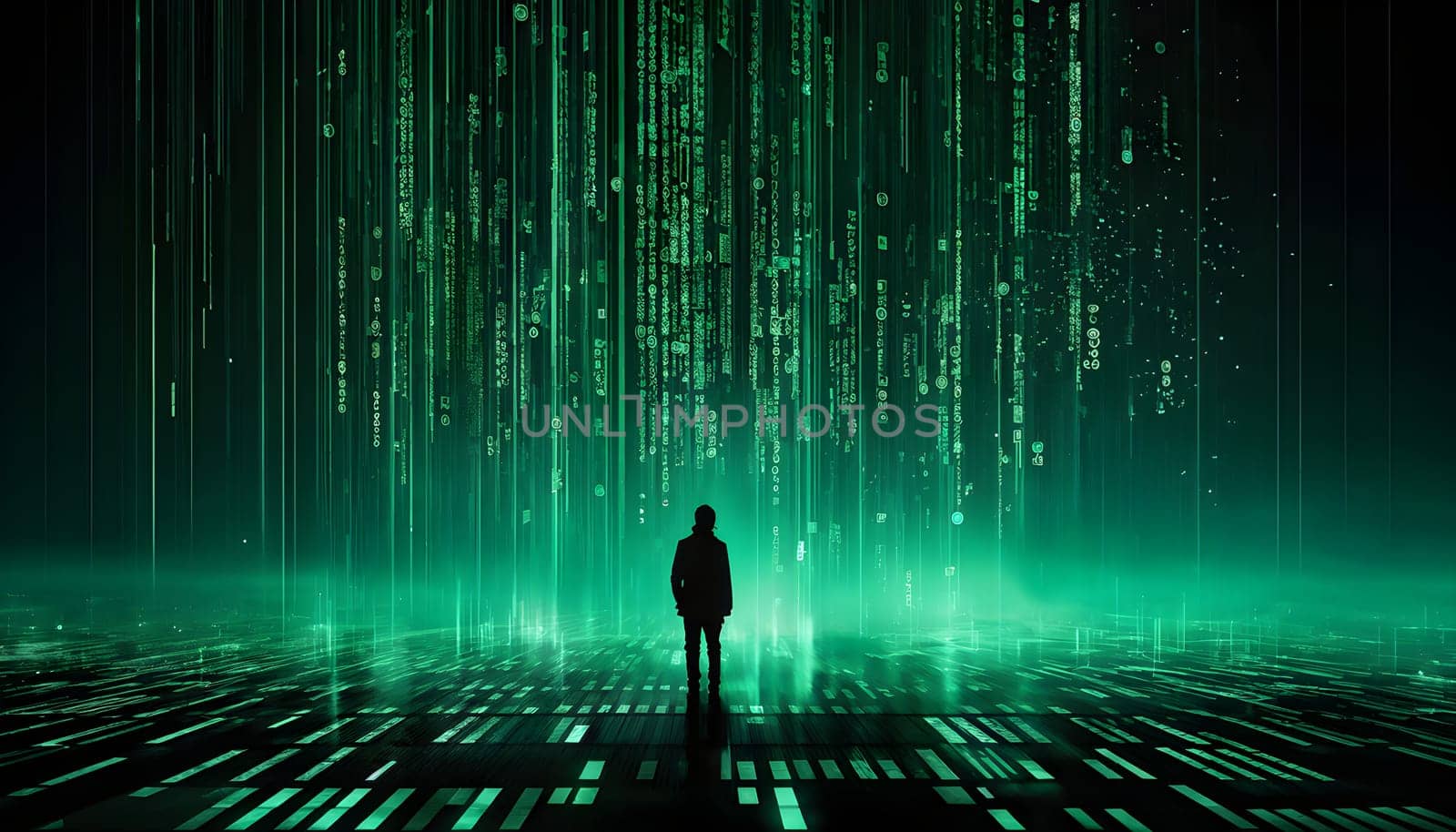 abstract animation of binary code cascading down like digital rain, representing data insights in monochromatic hues