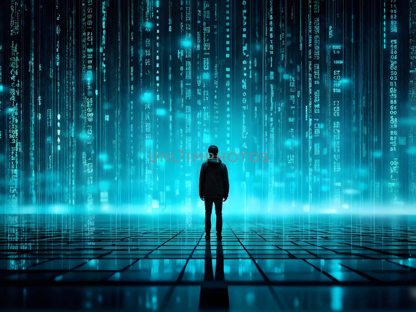abstract animation of binary code cascading down like digital rain, representing data insights in monochromatic hues
