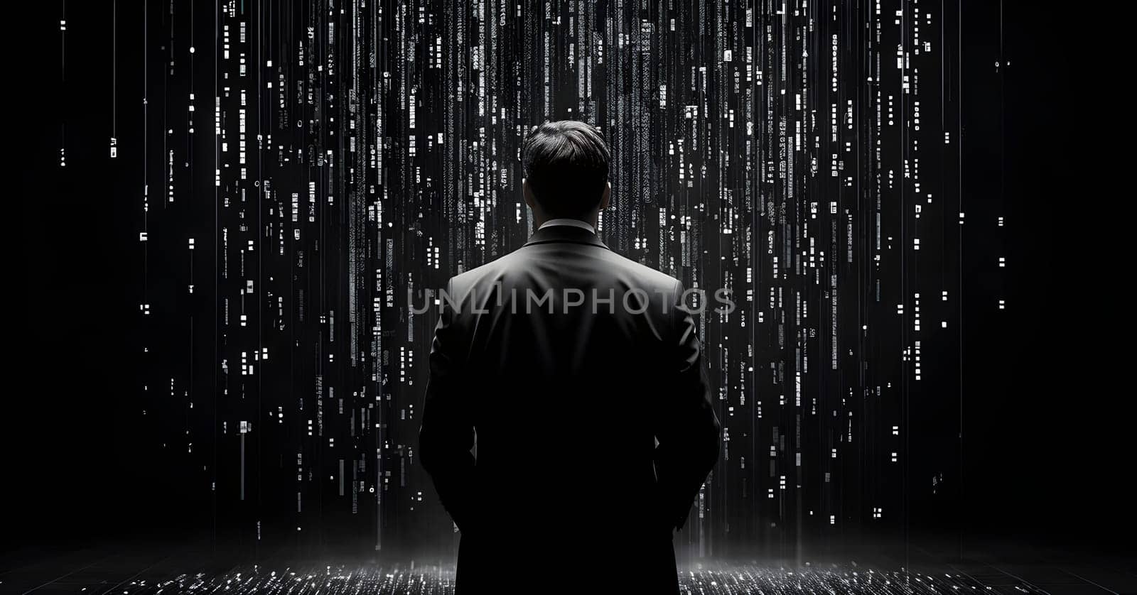 abstract animation of binary code cascading down like digital rain, representing data insights in monochromatic hues