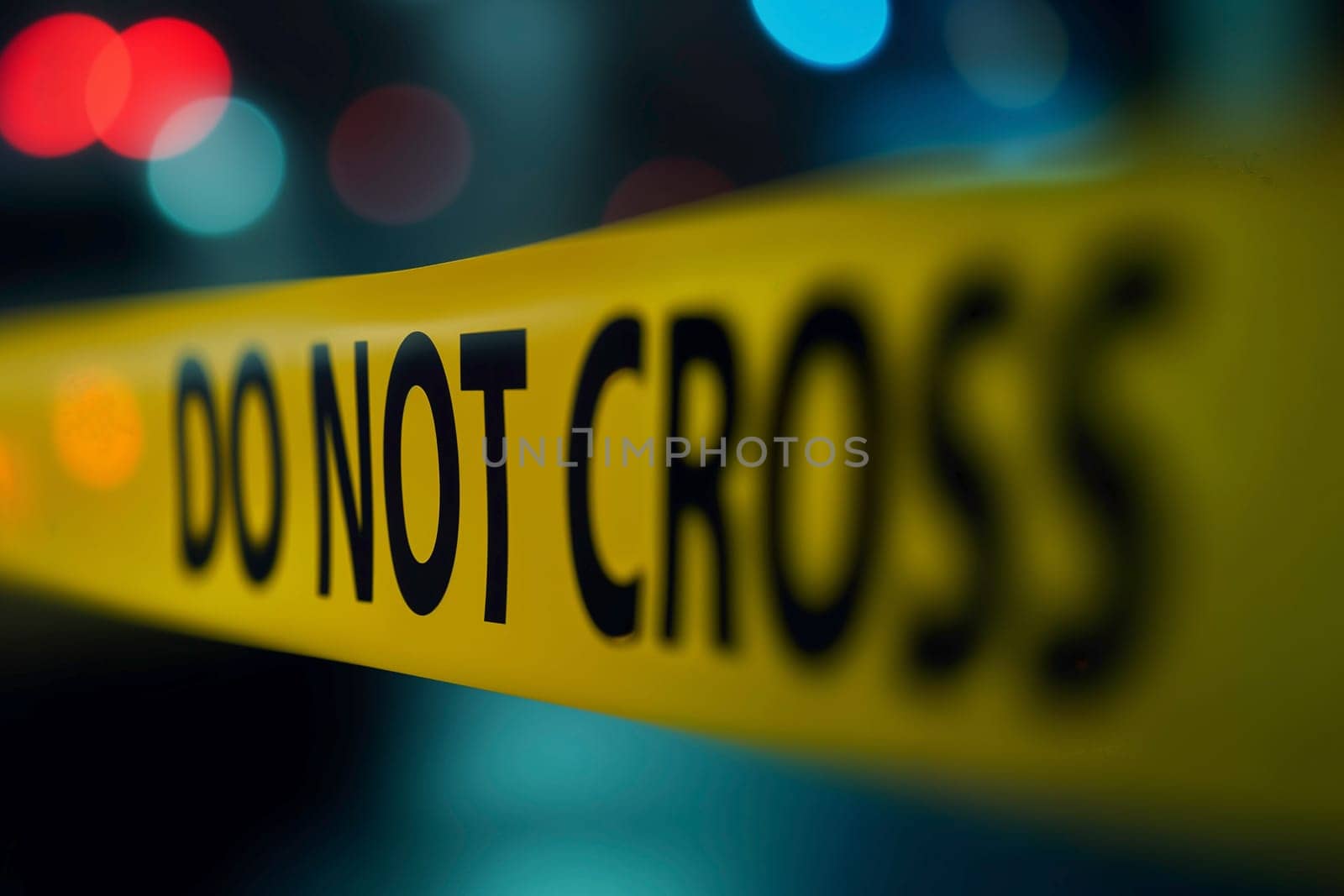 Close-up of yellow Do Not Cross crime scene tape with bold black text, set against blurred red and blue lights. Represents caution, law enforcement, and crime investigation