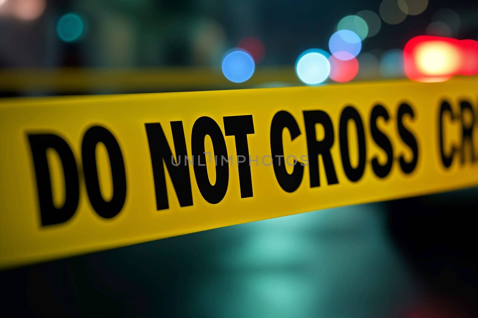 Close-up of yellow crime scene tape with bold Do Not Cross text, set against blurred red and blue lights. Represents law enforcement, caution, and crime investigation in an urban environment