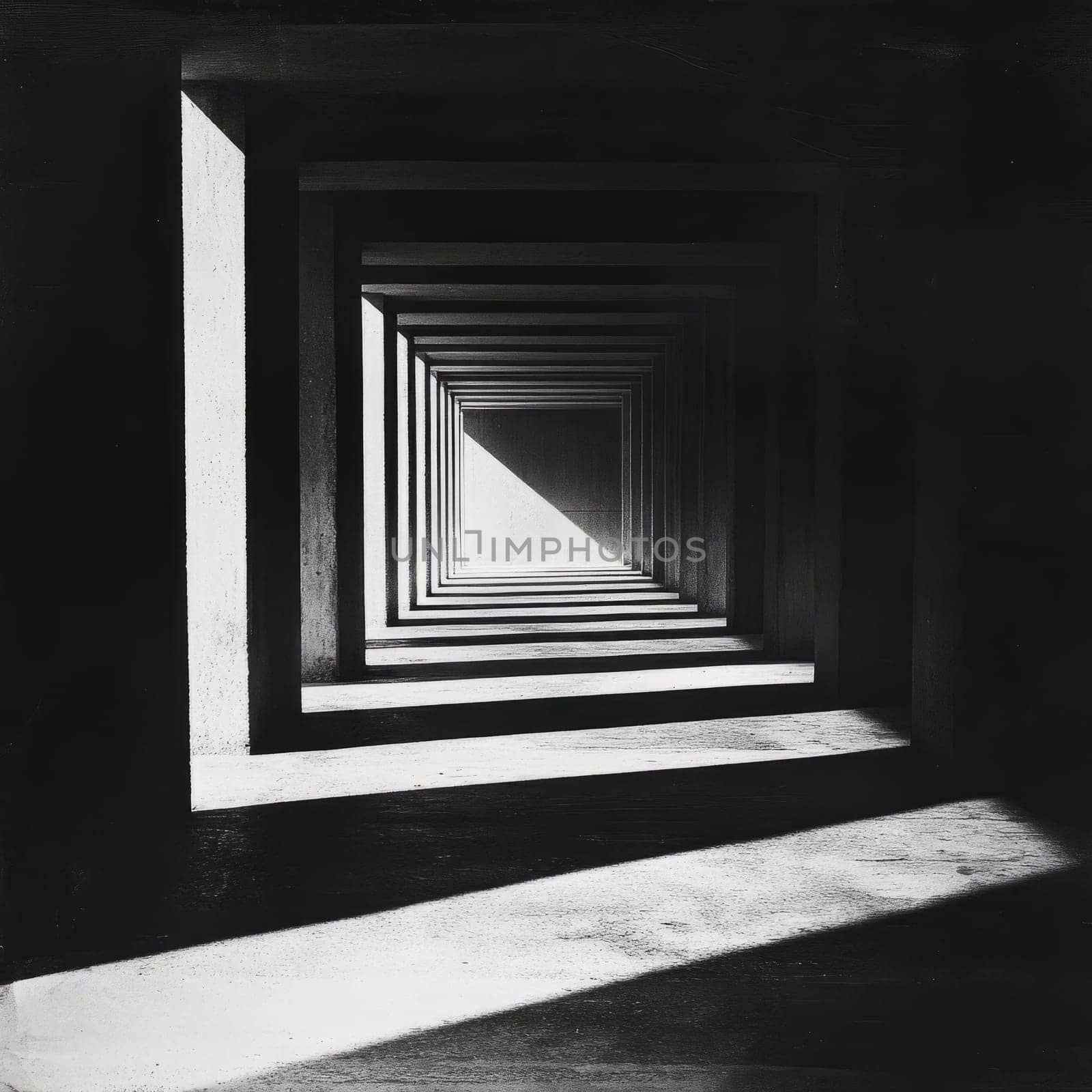 A long, narrow hallway with a lot of light shining down from above. The light is coming from a window or skylight, illuminating the entire length of the hallway