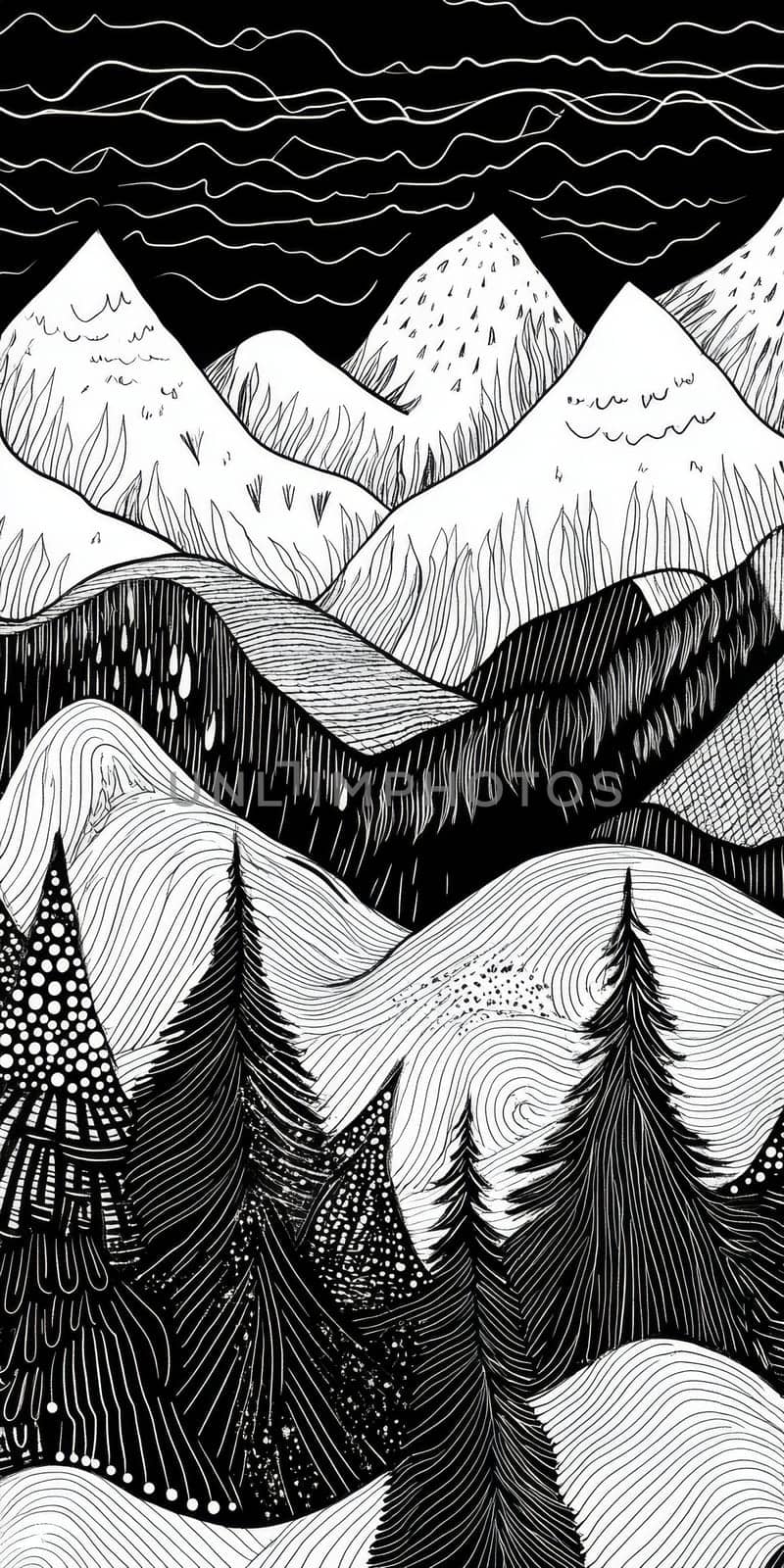 A mountain range with trees in the foreground. The trees are black and white. The mountains are in the background