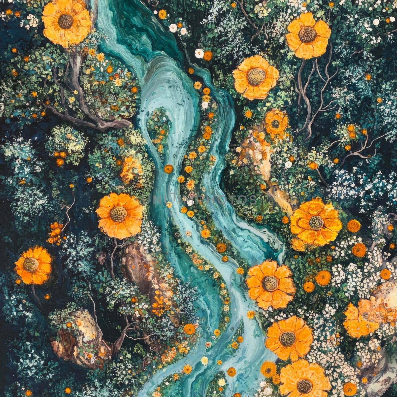 A colorful abstract painting featuring bright yellow flowers and a winding river amidst a lush green forest backdrop.