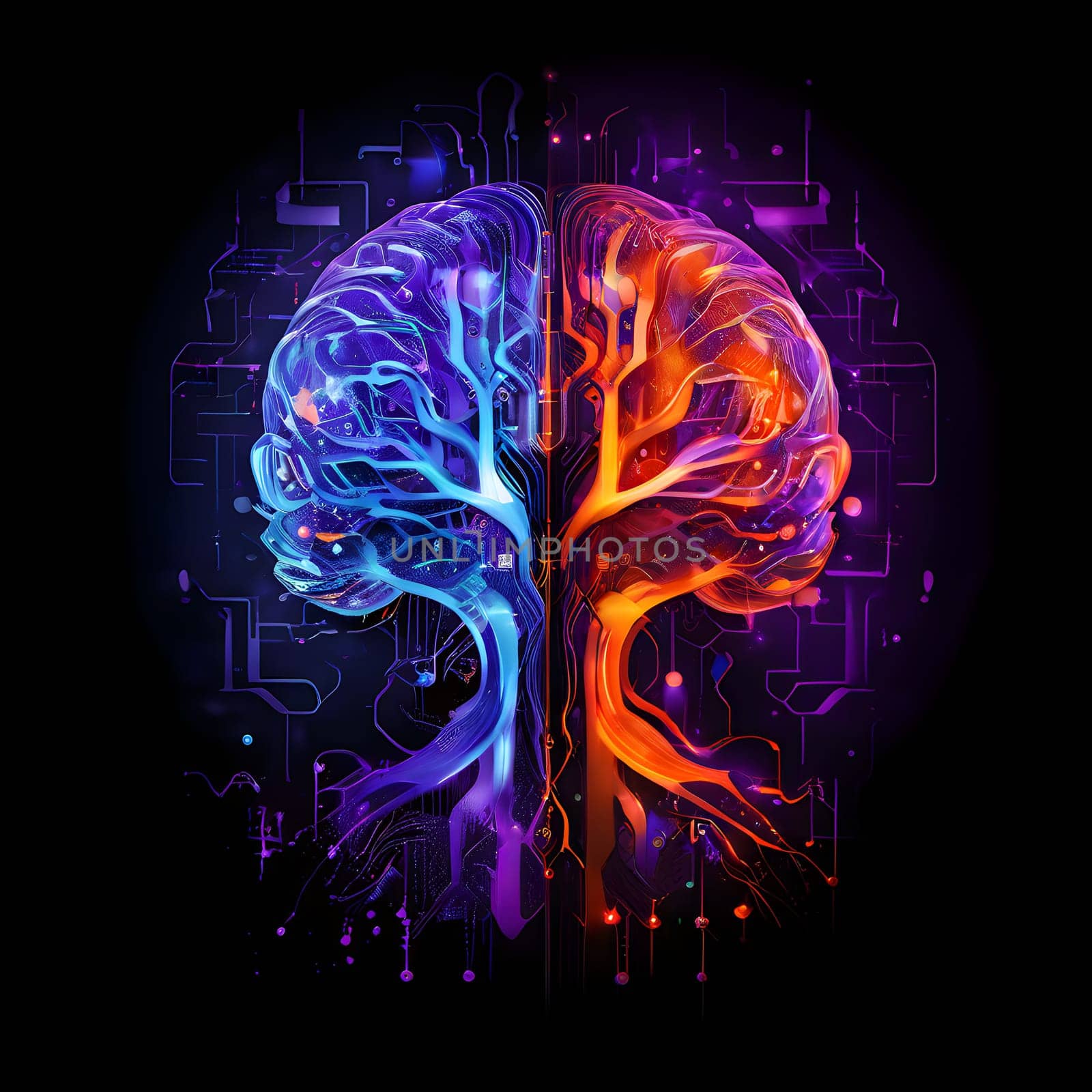 abstract brain split into two halves, one side athletic motion, the other side neural network