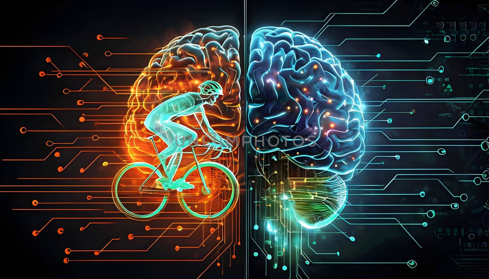 abstract brain split into two halves, one side athletic motion, the other side neural network