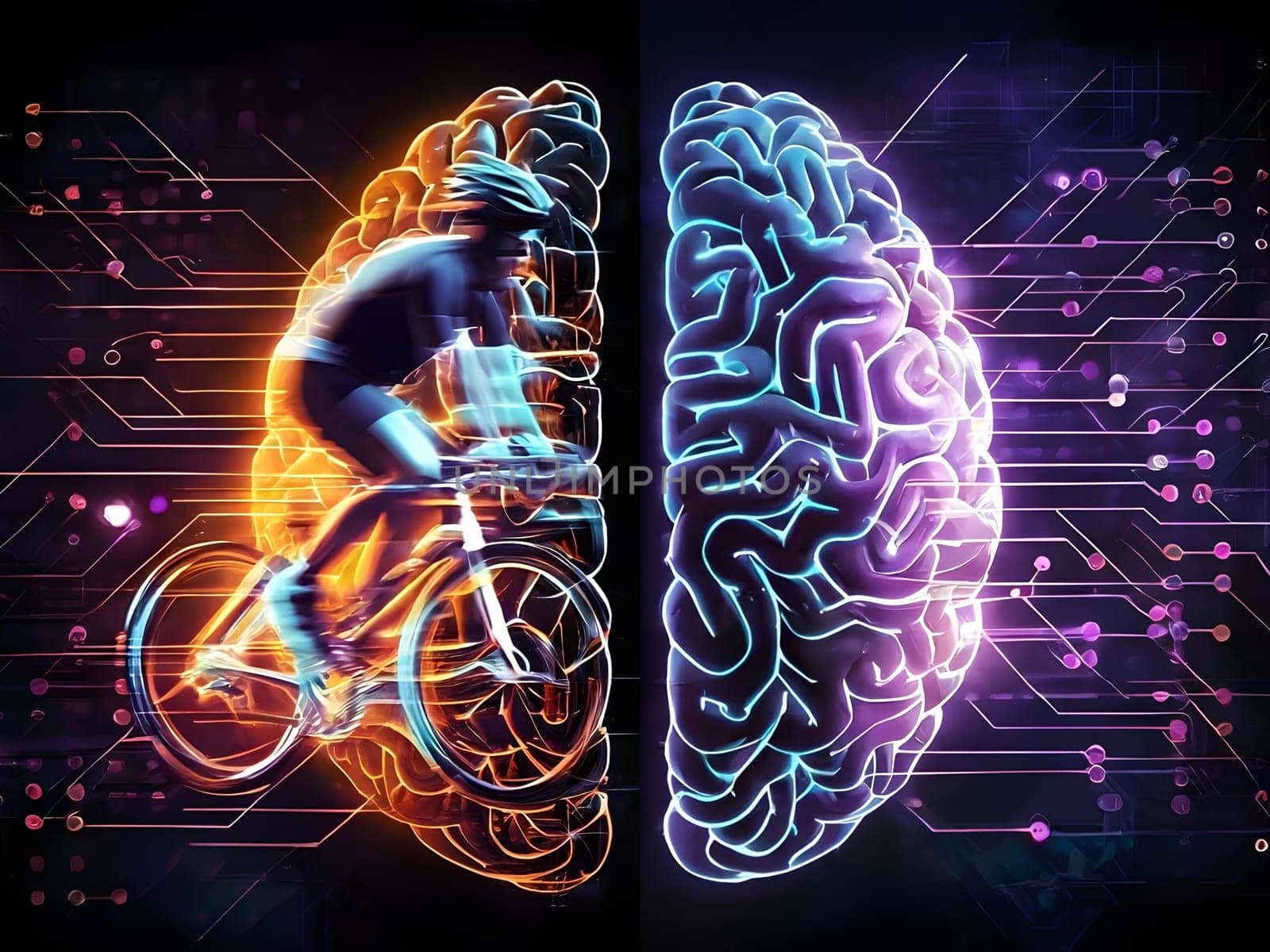 abstract brain split into two halves, one side athletic motion, the other side neural network