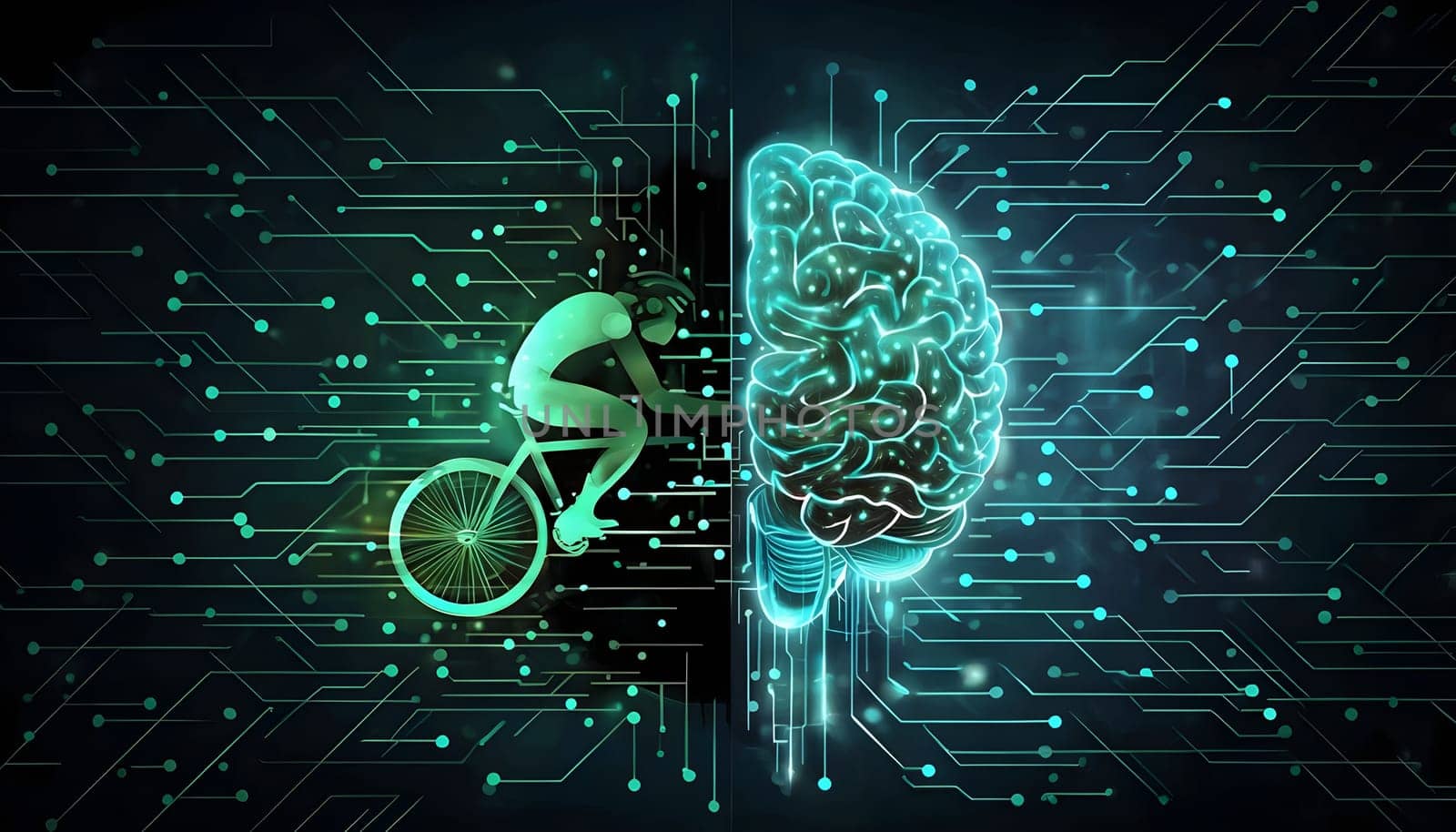 abstract brain split into two halves, one side athletic motion, the other side neural network