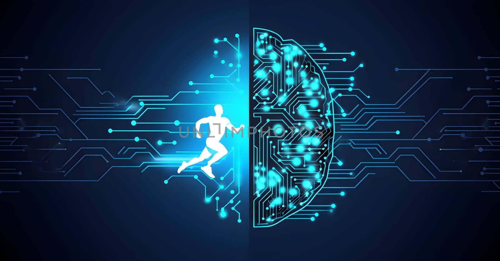 abstract brain split into two halves, one side athletic motion, the other side neural network