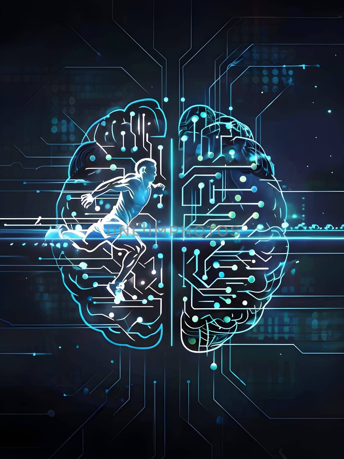 abstract brain split into two halves, one side athletic motion, the other side neural network