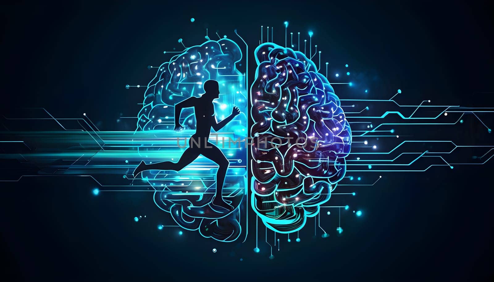 abstract brain split into two halves, one side athletic motion, the other side neural network