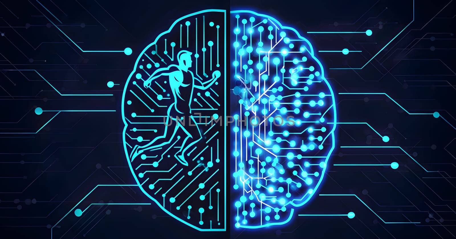 abstract brain split into two halves, one side athletic motion, the other side neural network