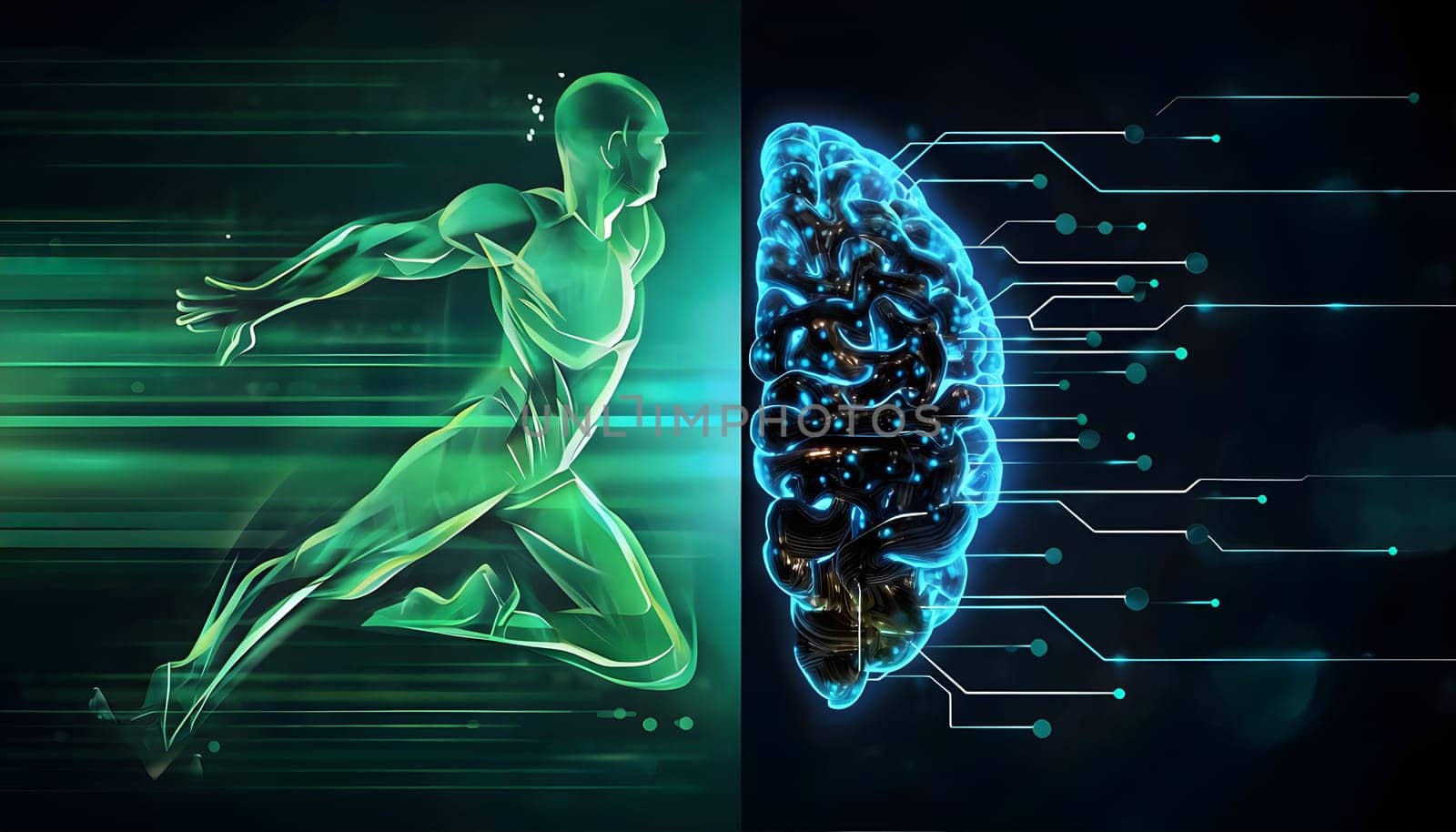 abstract brain split into two halves, one side athletic motion, the other side neural network