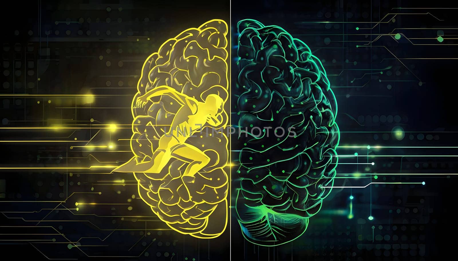 abstract brain split into two halves, one side athletic motion, the other side neural network
