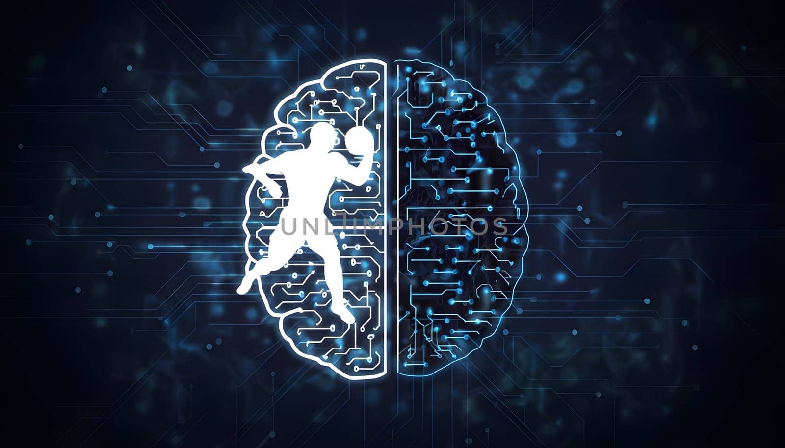 abstract brain split into two halves, one side athletic motion, the other side neural network
