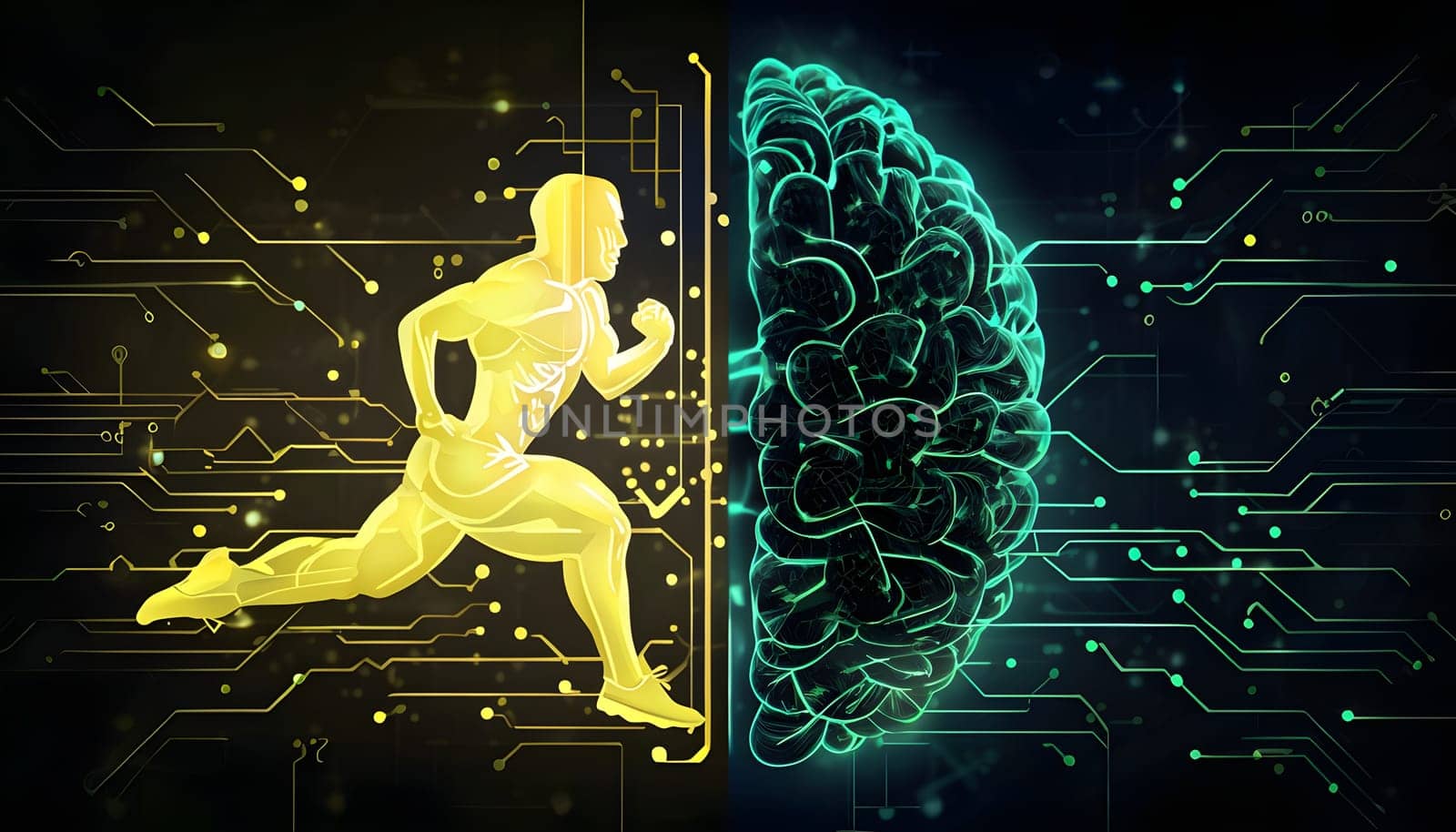 abstract brain split into two halves, one side athletic motion, the other side neural network