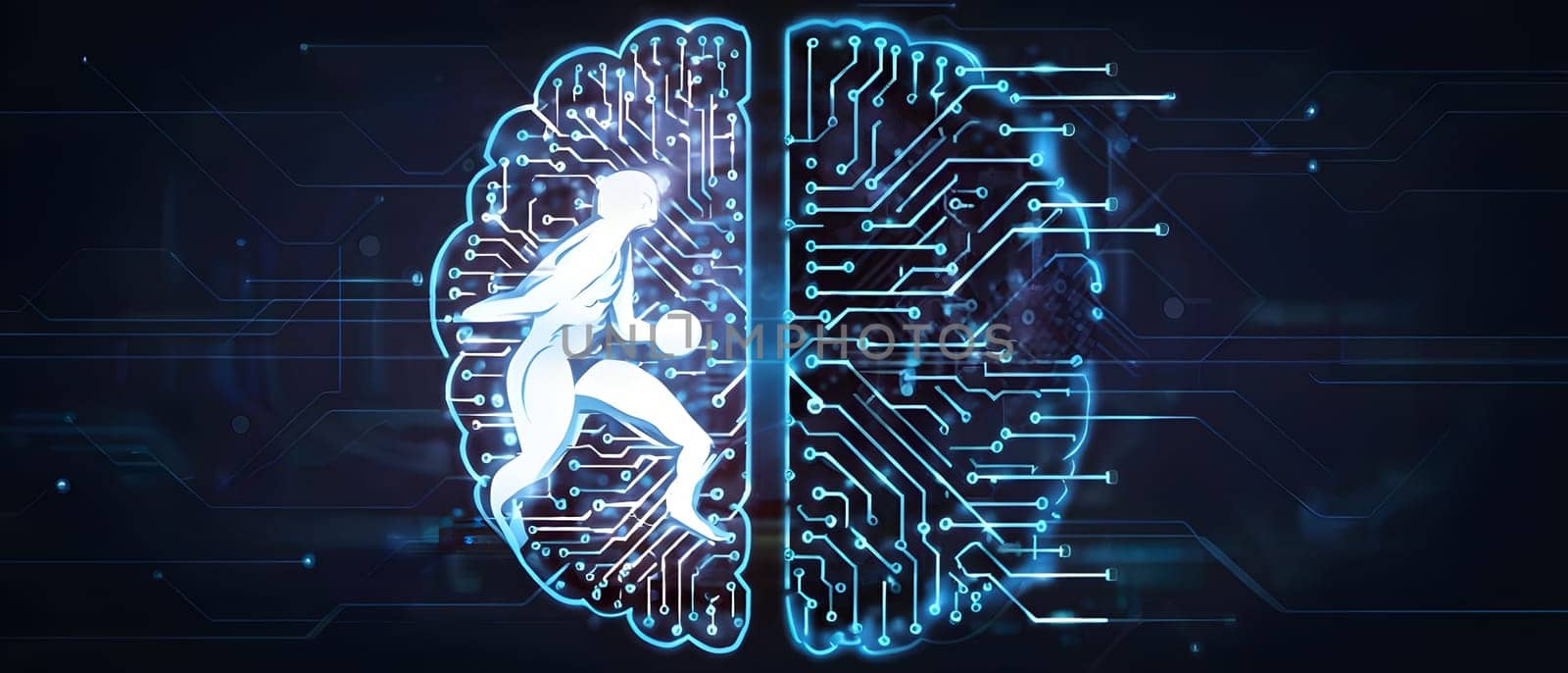 abstract brain split into two halves, one side athletic motion, the other side neural network