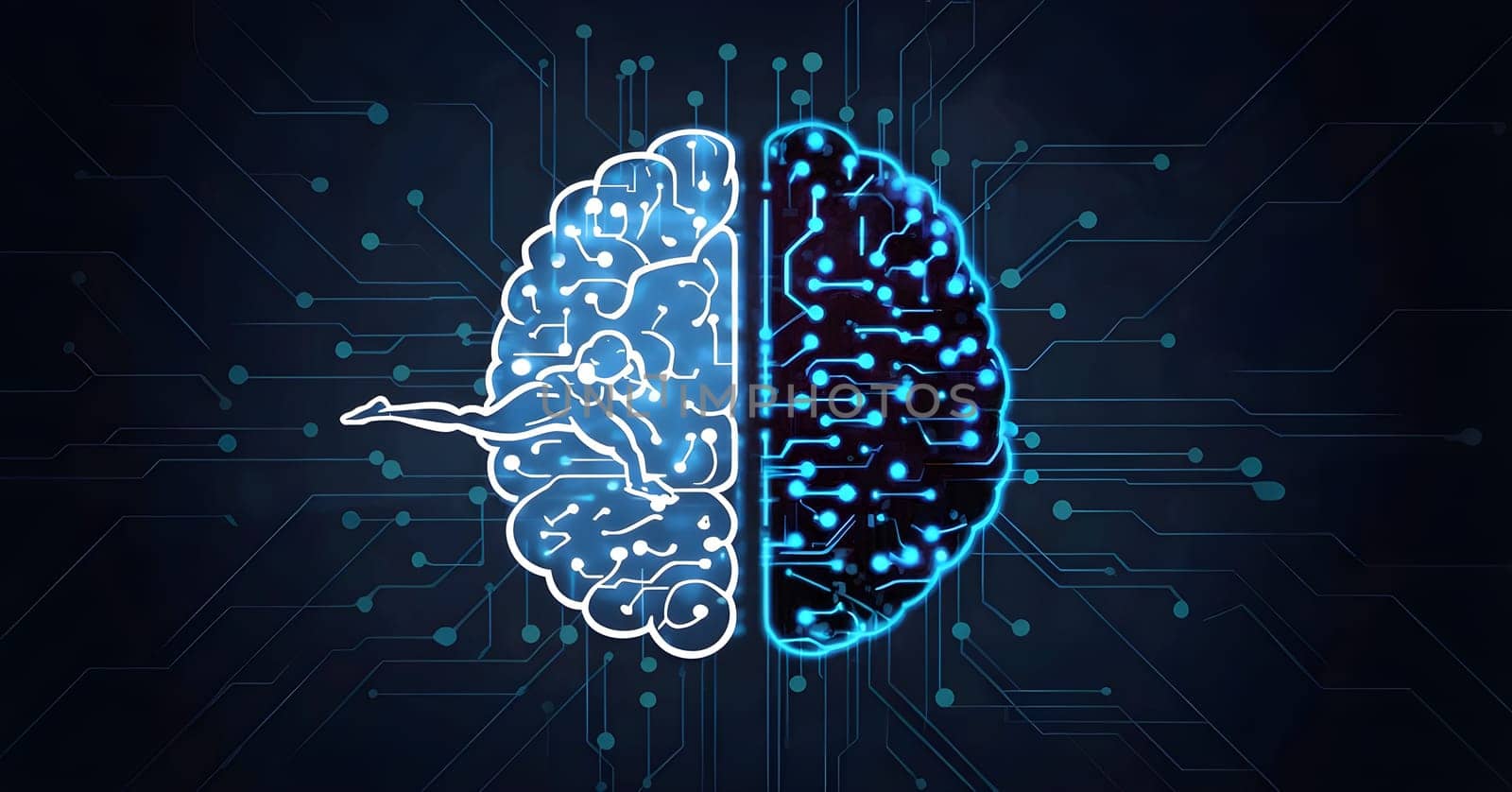 abstract brain split into two halves, one side athletic motion, the other side neural network