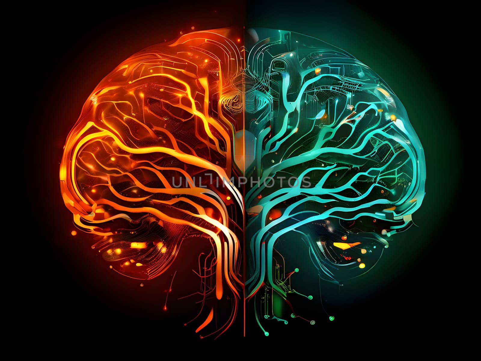abstract brain split into two halves, one side athletic motion, the other side neural network