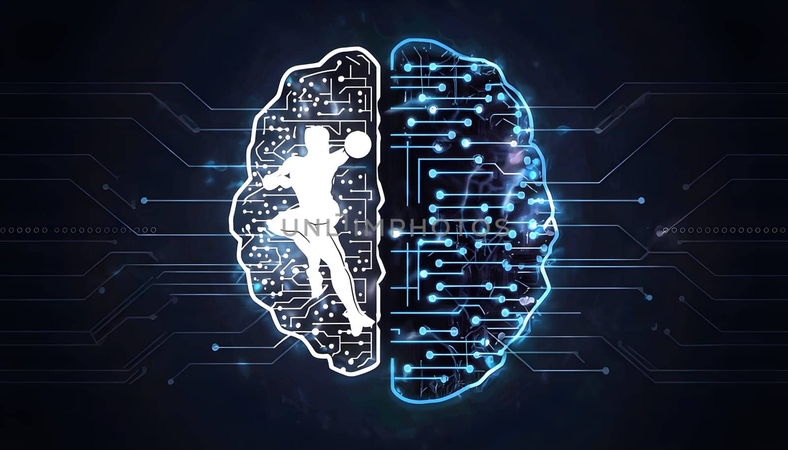 abstract brain split into two halves, one side athletic motion, the other side neural network