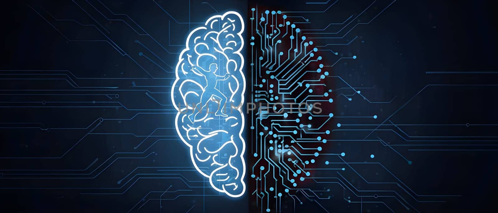 abstract brain split into two halves, one side athletic motion, the other side neural network