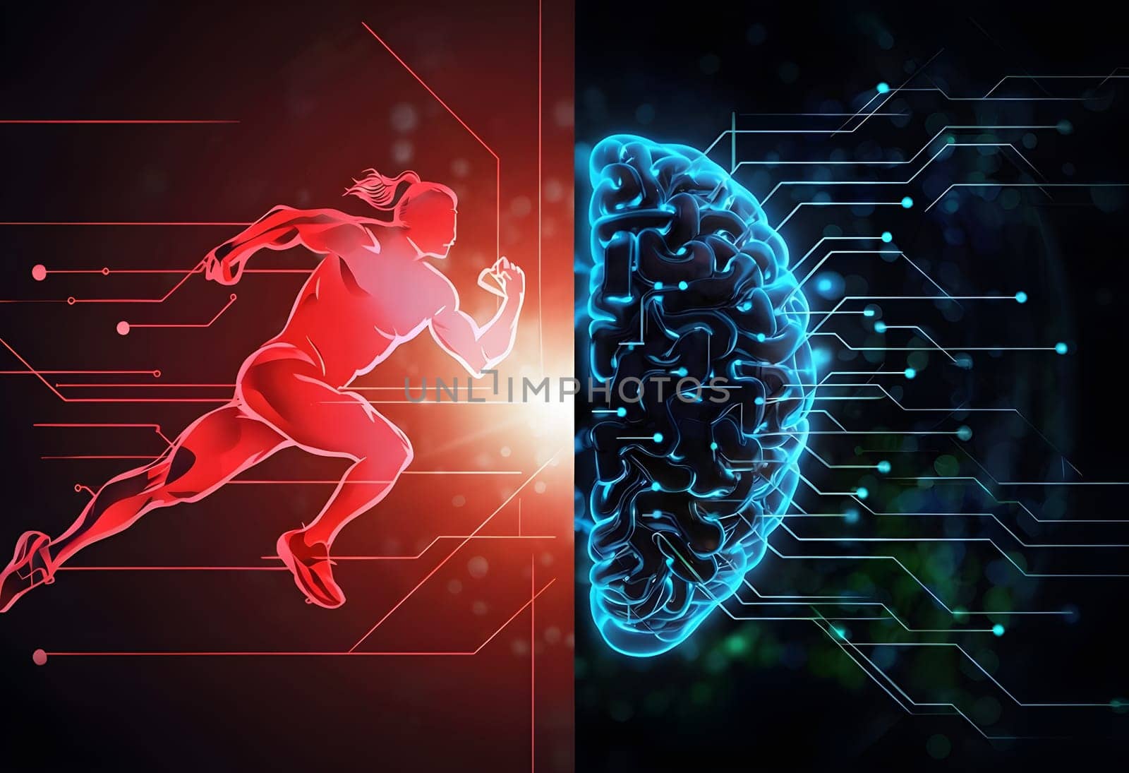 abstract brain split into two halves, one side athletic motion, the other side neural network