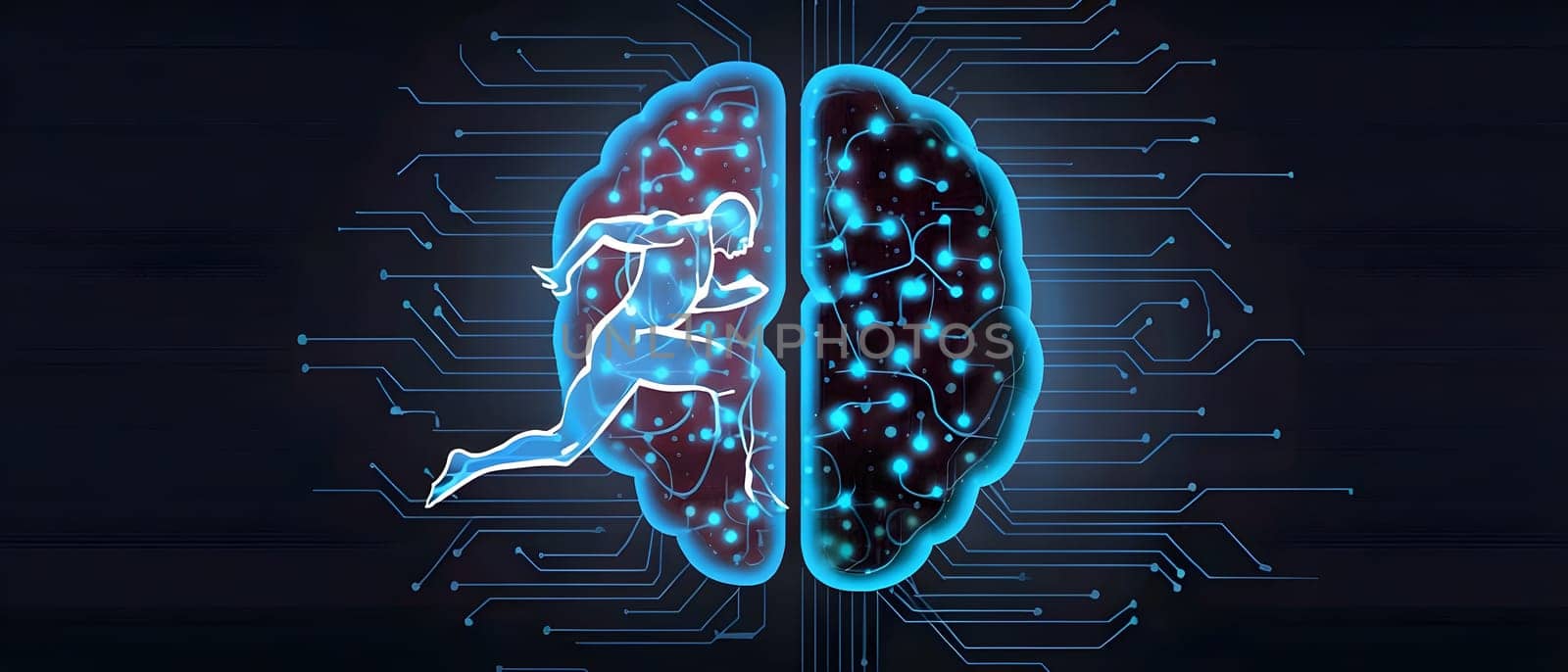 abstract brain split into two halves, one side athletic motion, the other side neural network