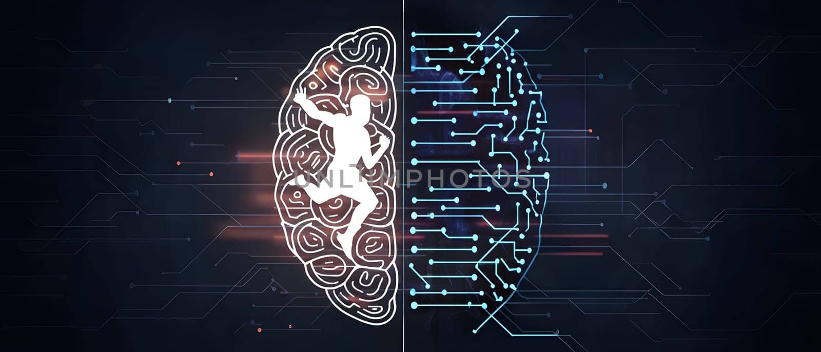 abstract brain split into two halves, one side athletic motion, the other side neural network