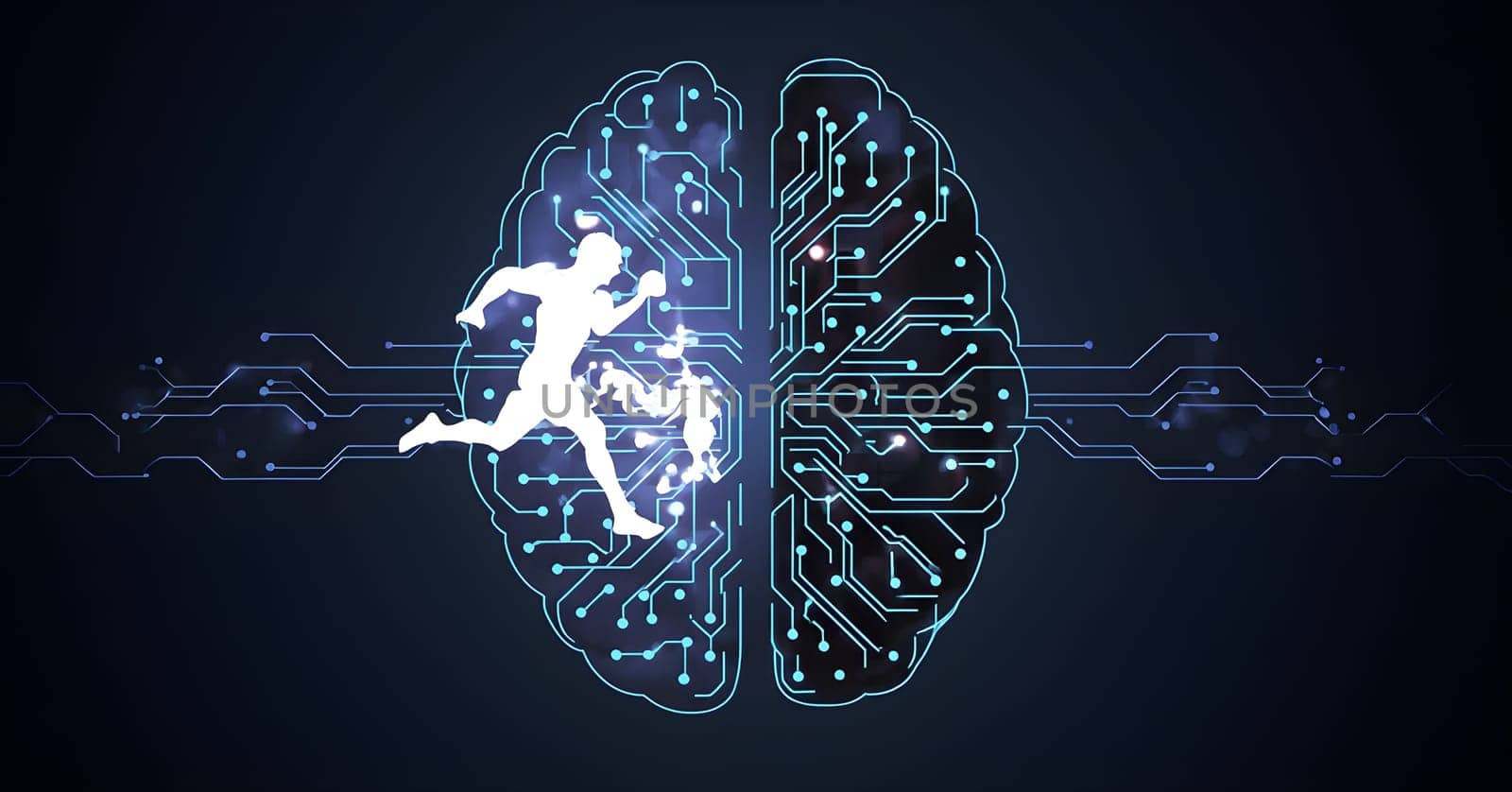 abstract brain split into two halves, one side athletic motion, the other side neural network