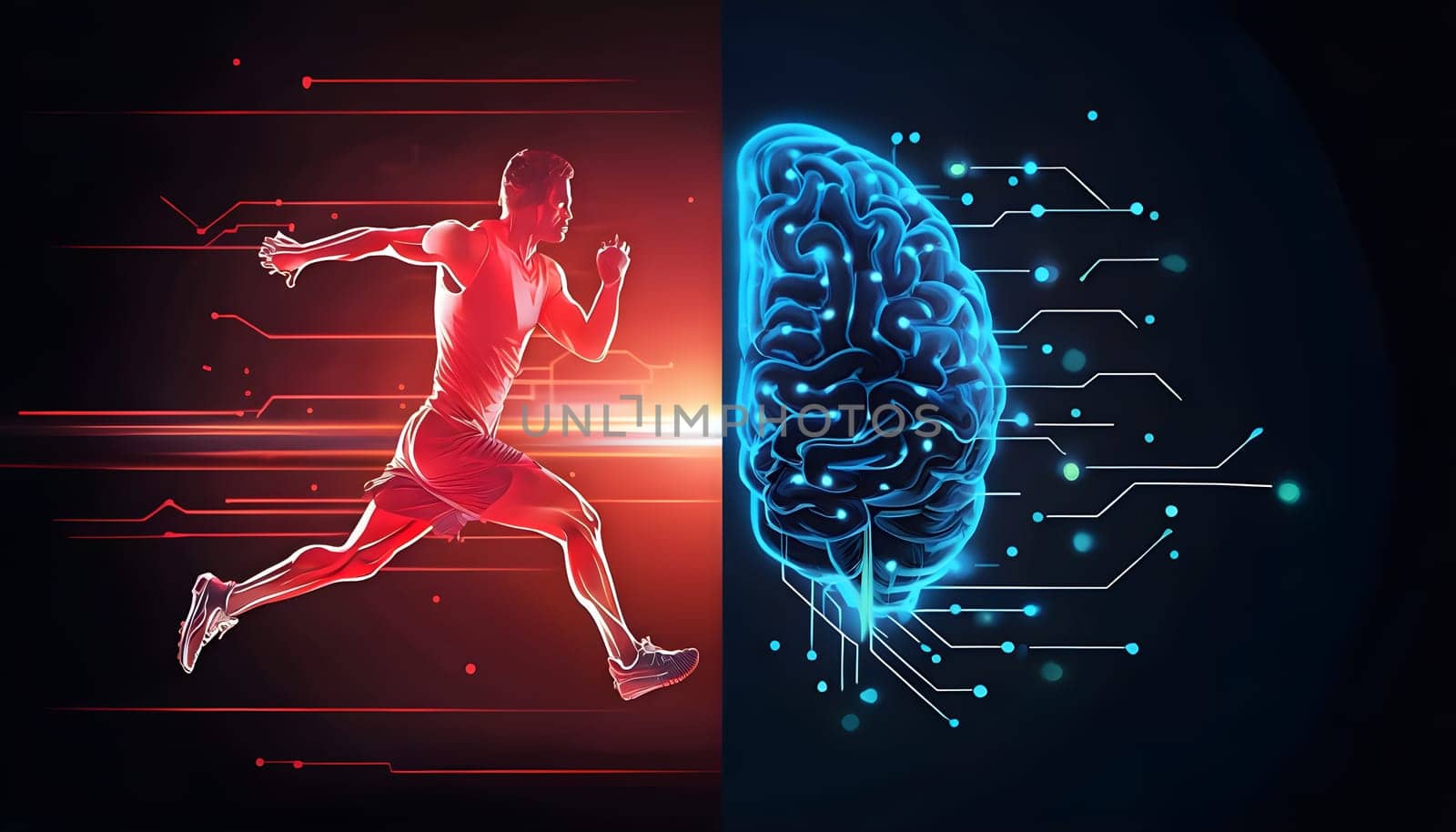 abstract brain split into two halves, one side athletic motion, the other side neural network