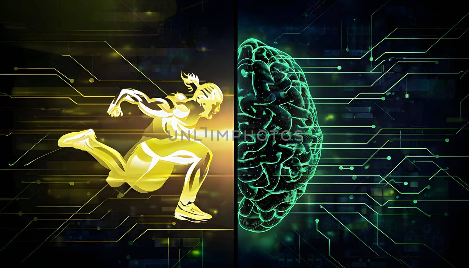 abstract brain split into two halves, one side athletic motion, the other side neural network